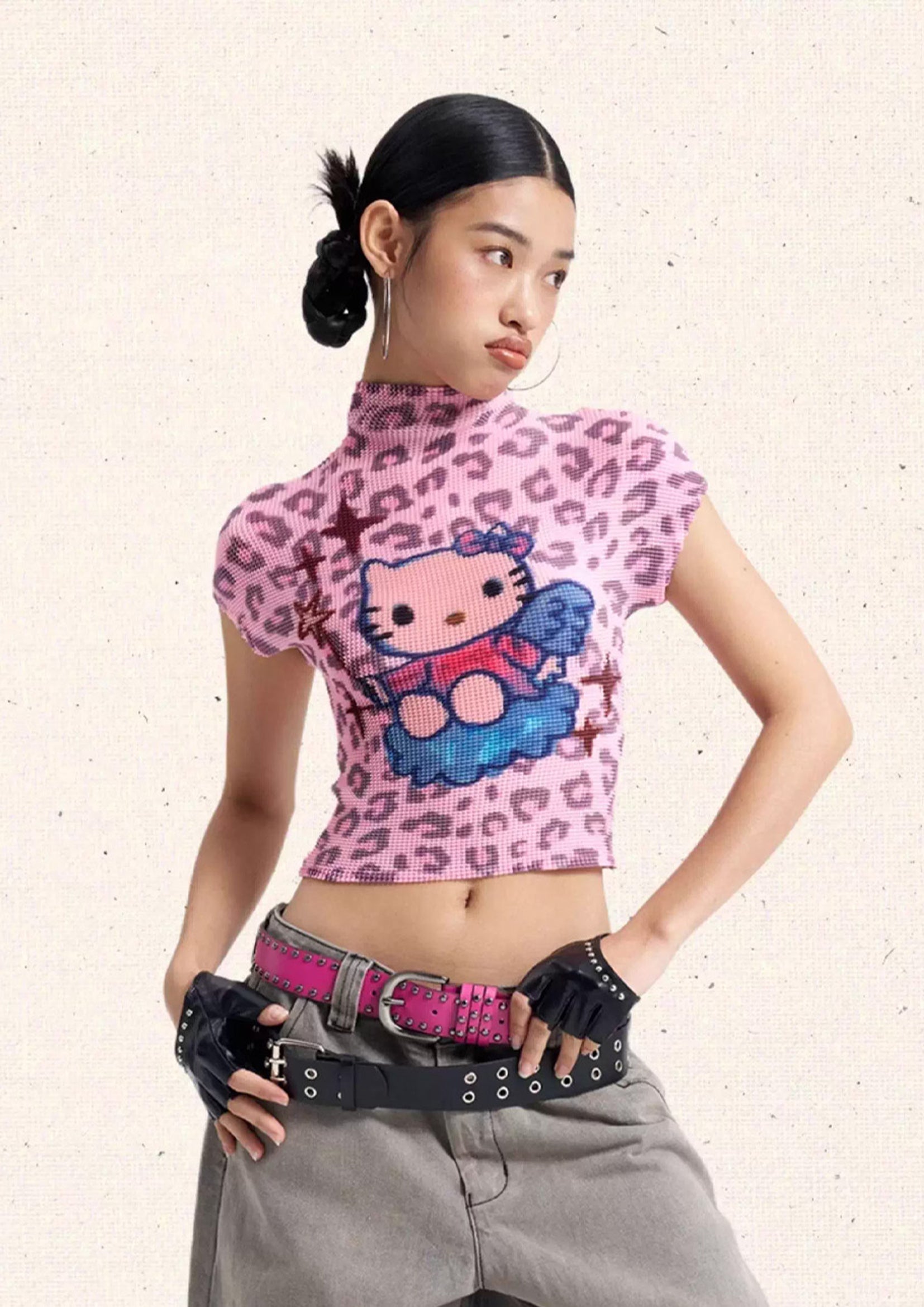 Kitty crinkle stretch crop tee - pink leopard