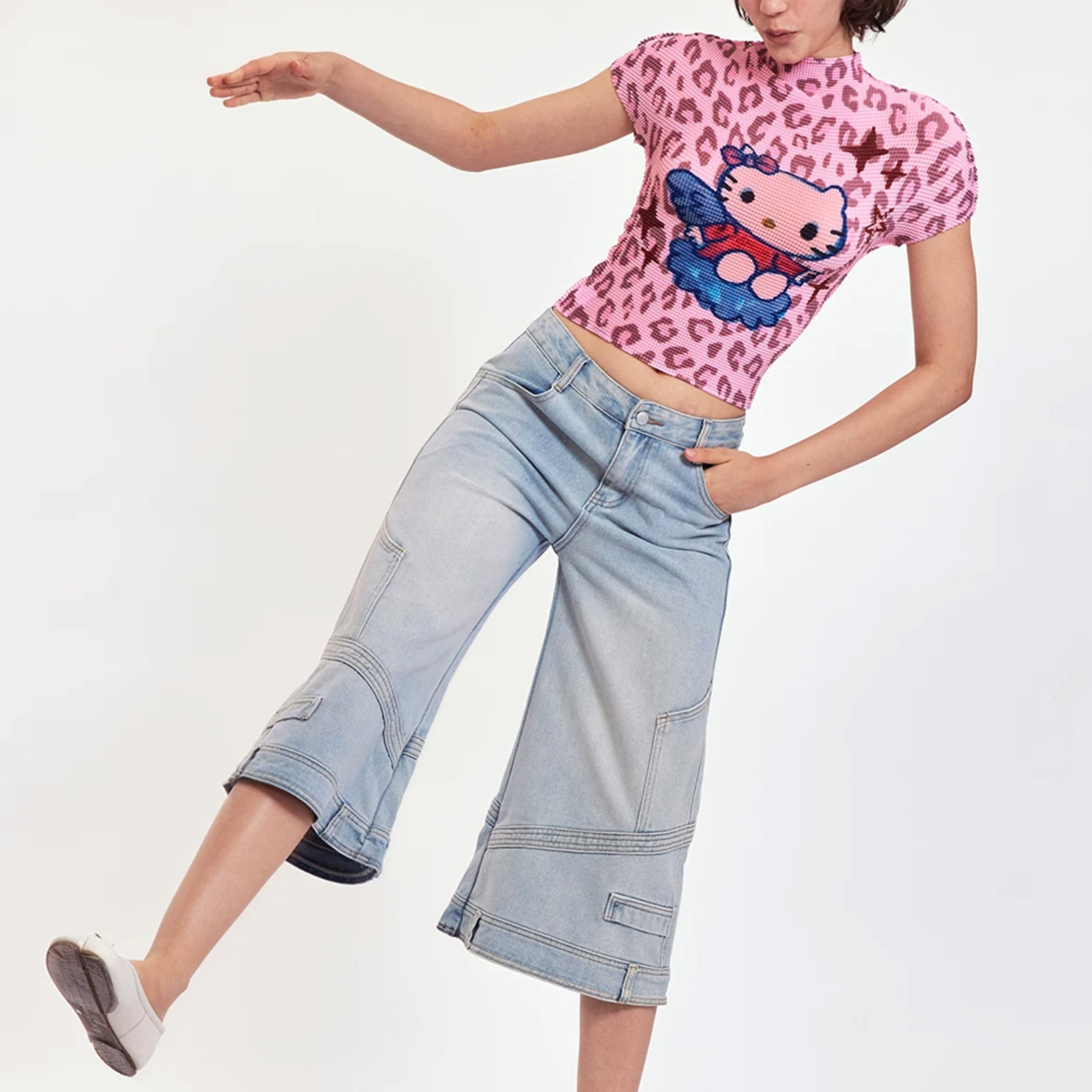 Kitty crinkle stretch crop tee - pink leopard