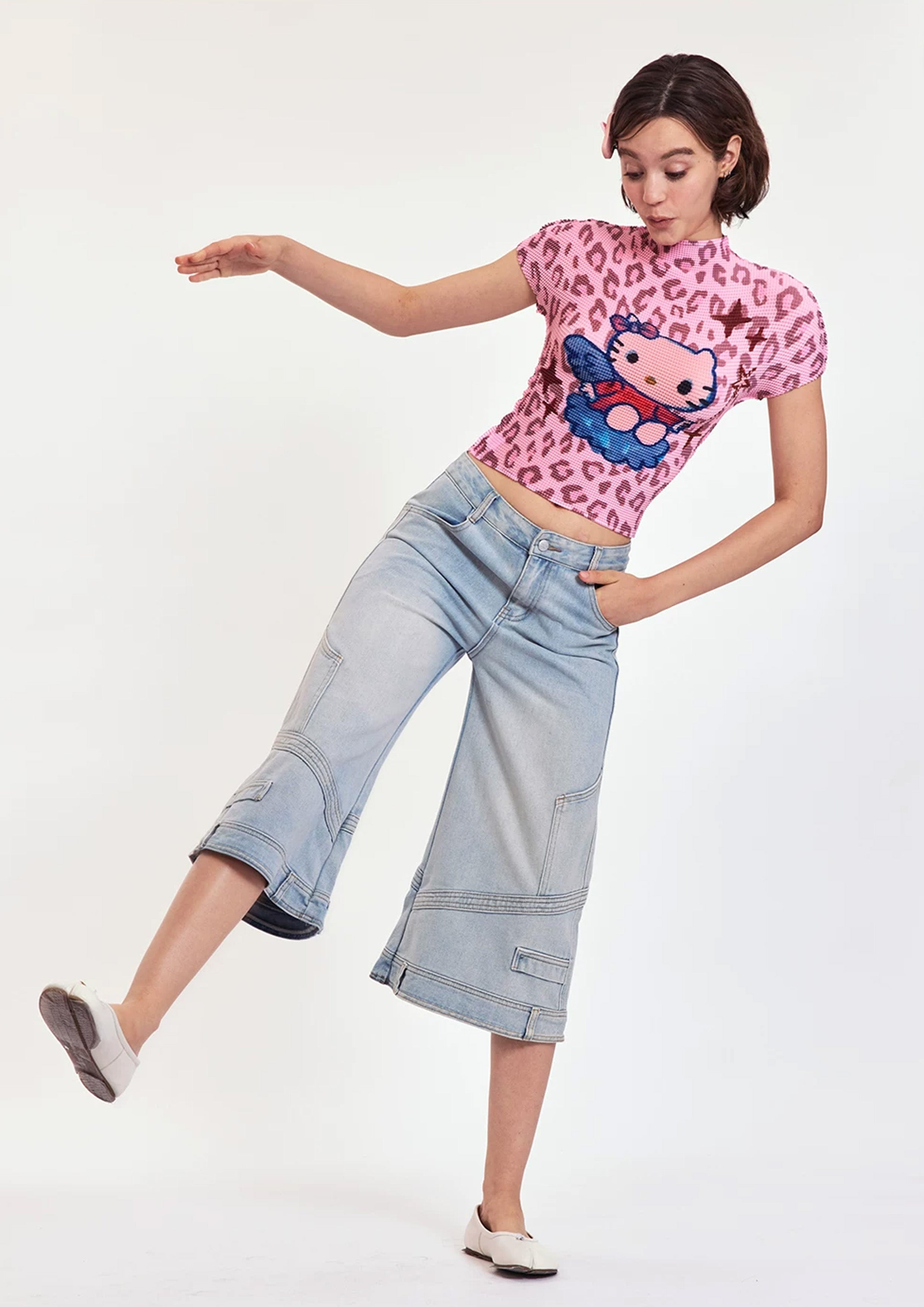Kitty crinkle stretch crop tee - pink leopard