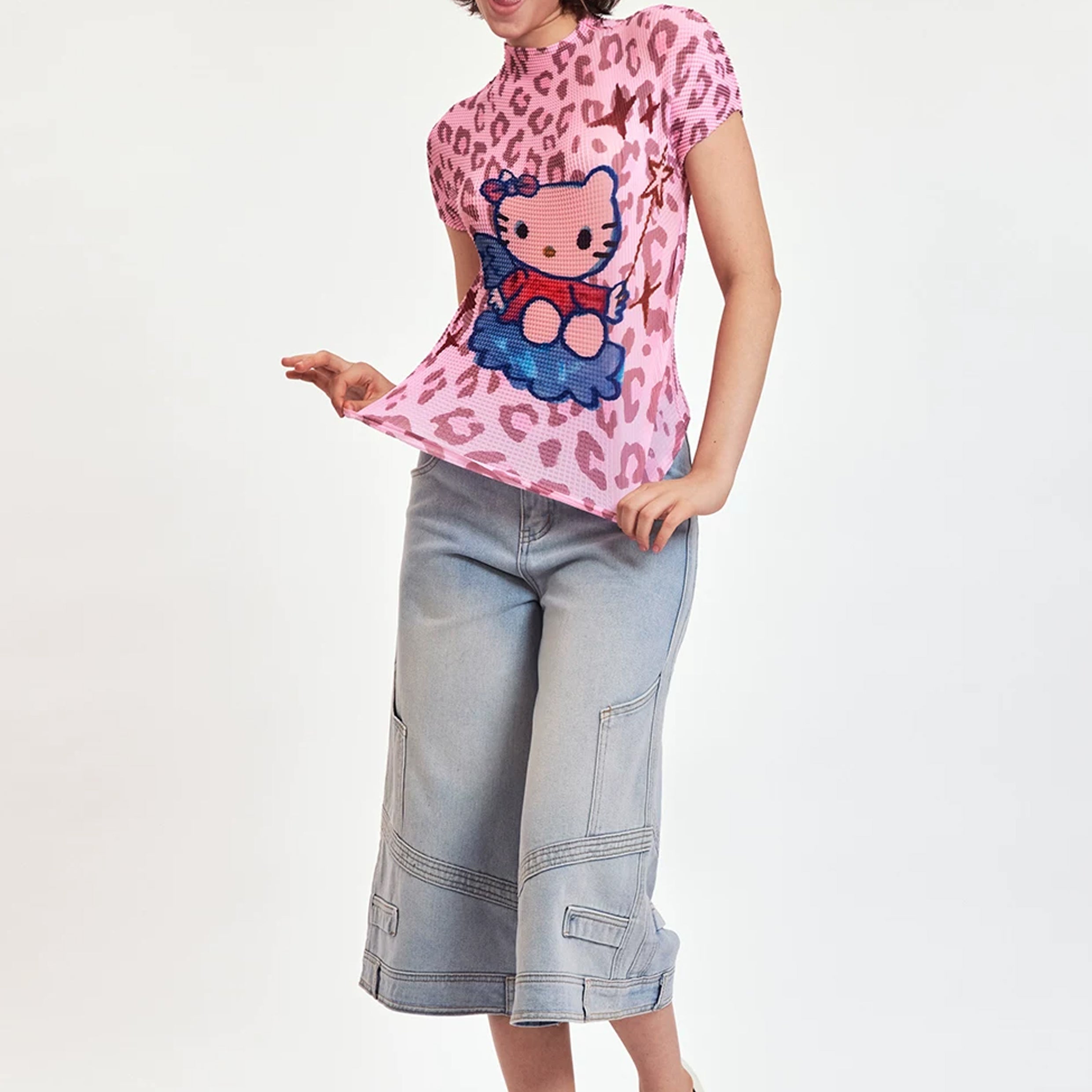 Kitty crinkle stretch crop tee - pink leopard