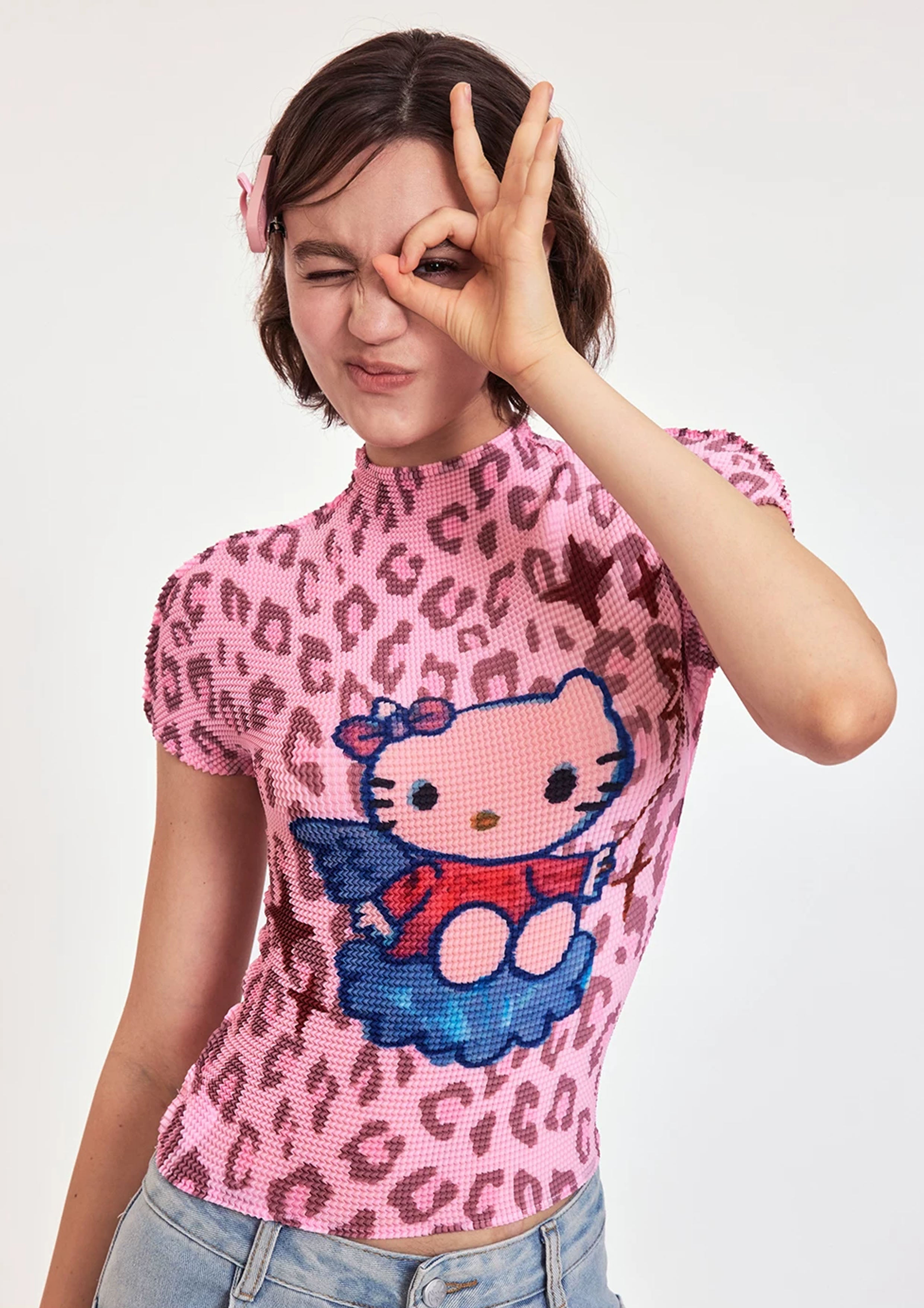 Kitty crinkle stretch crop tee - pink leopard