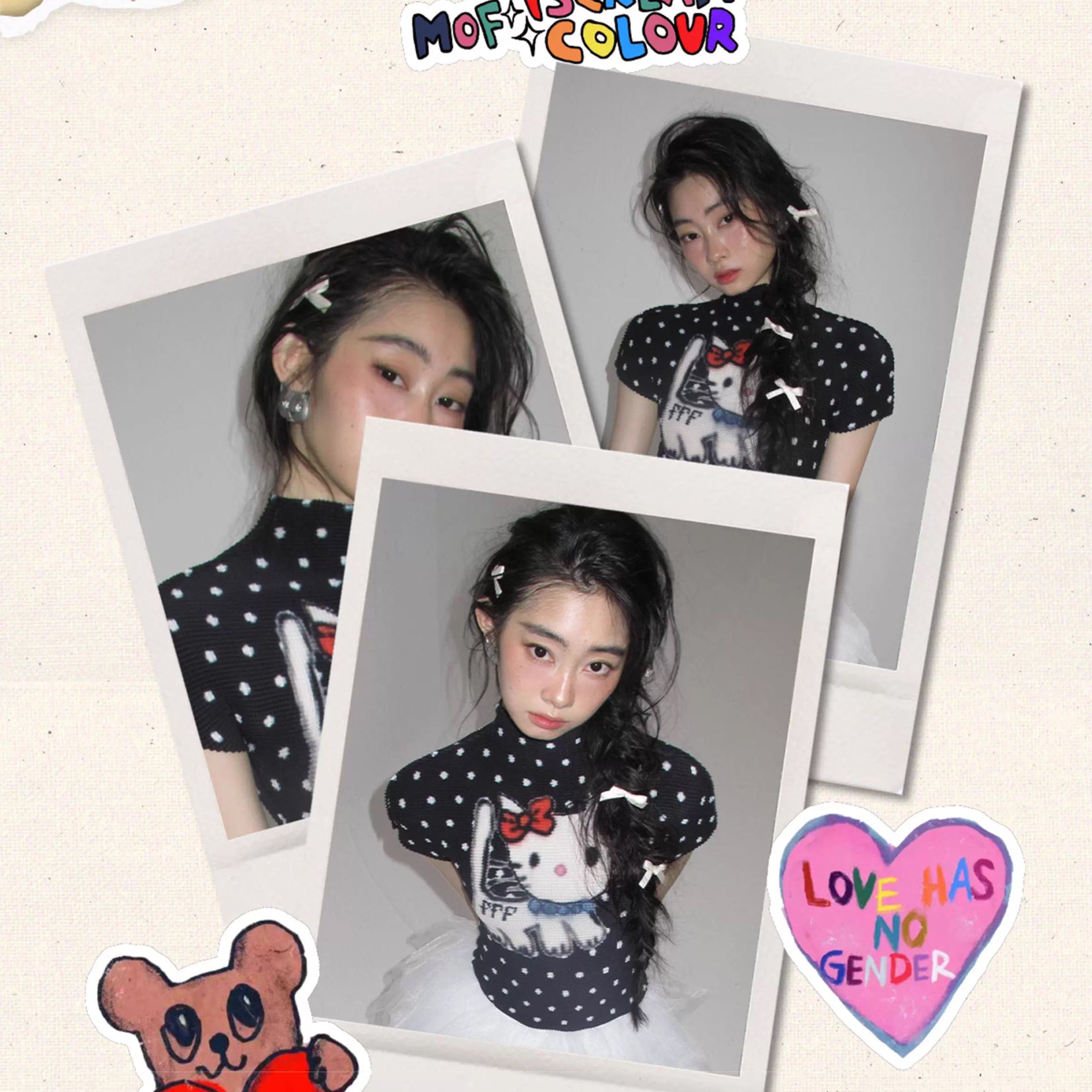 Kitty polka dots crinkle stretch crop tee - black