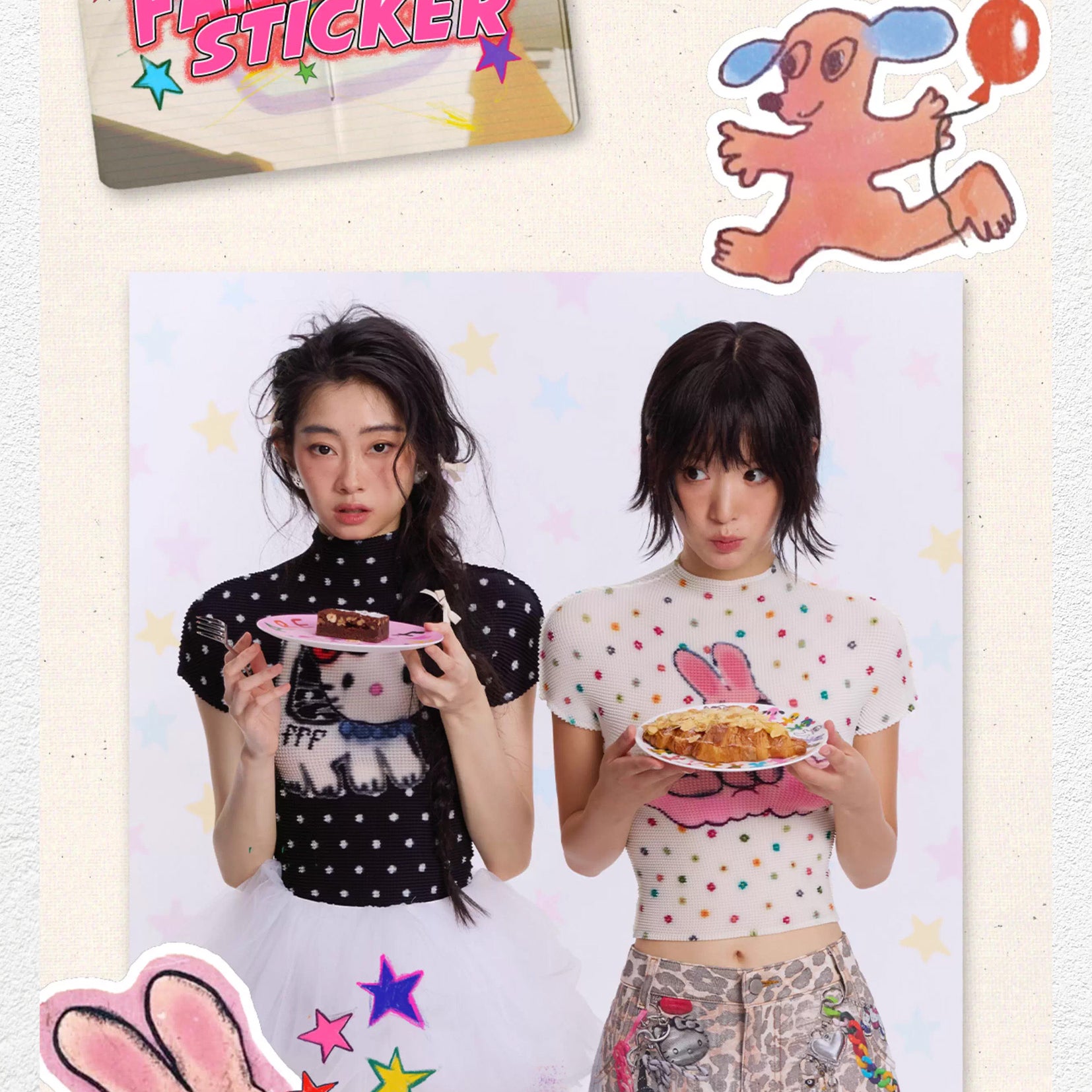 Kitty polka dots crinkle stretch crop tee - black