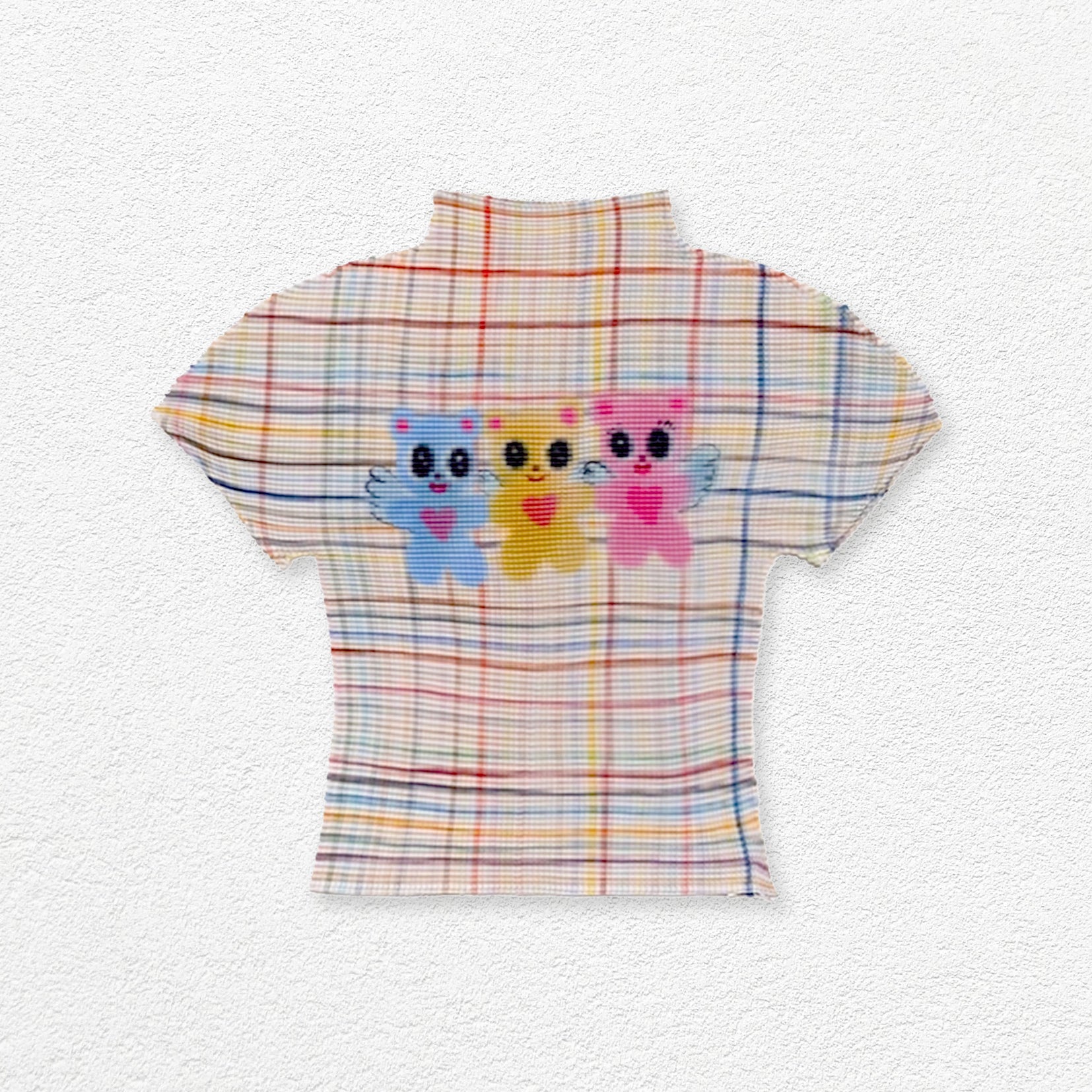 Three bears crinkle stretch crop tee - beige plaid