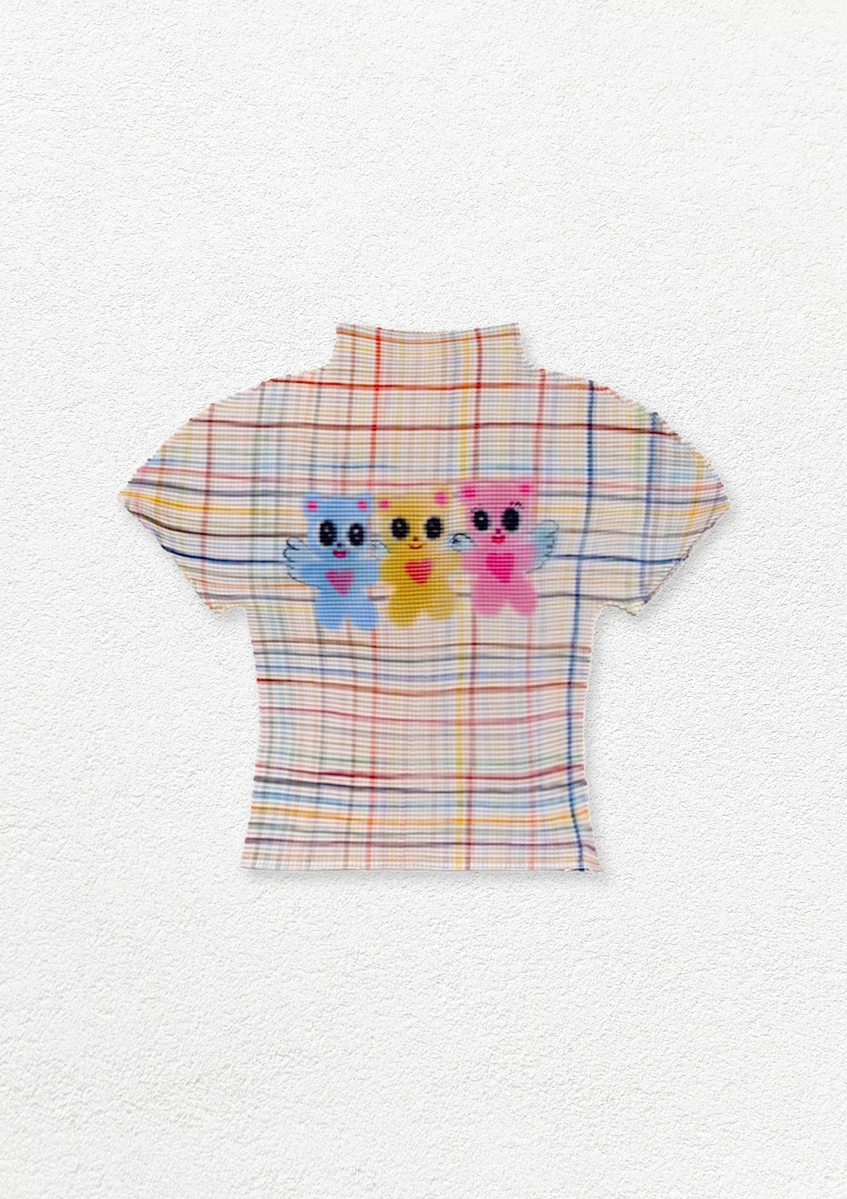 Three bears crinkle stretch crop tee - beige plaid