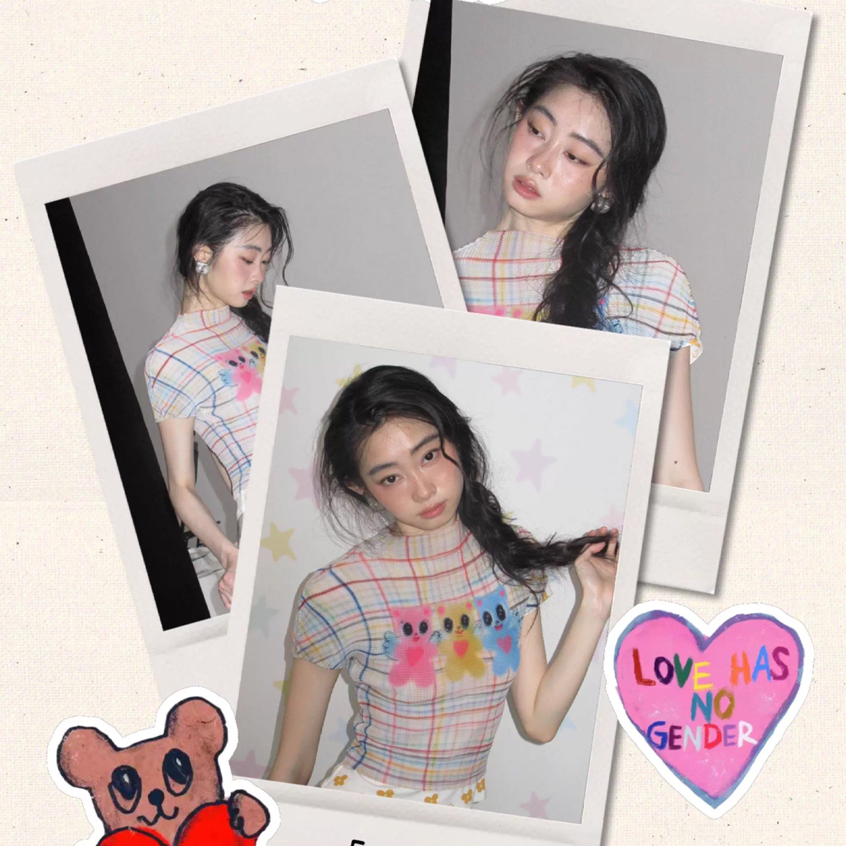 Three bears crinkle stretch crop tee - beige plaid