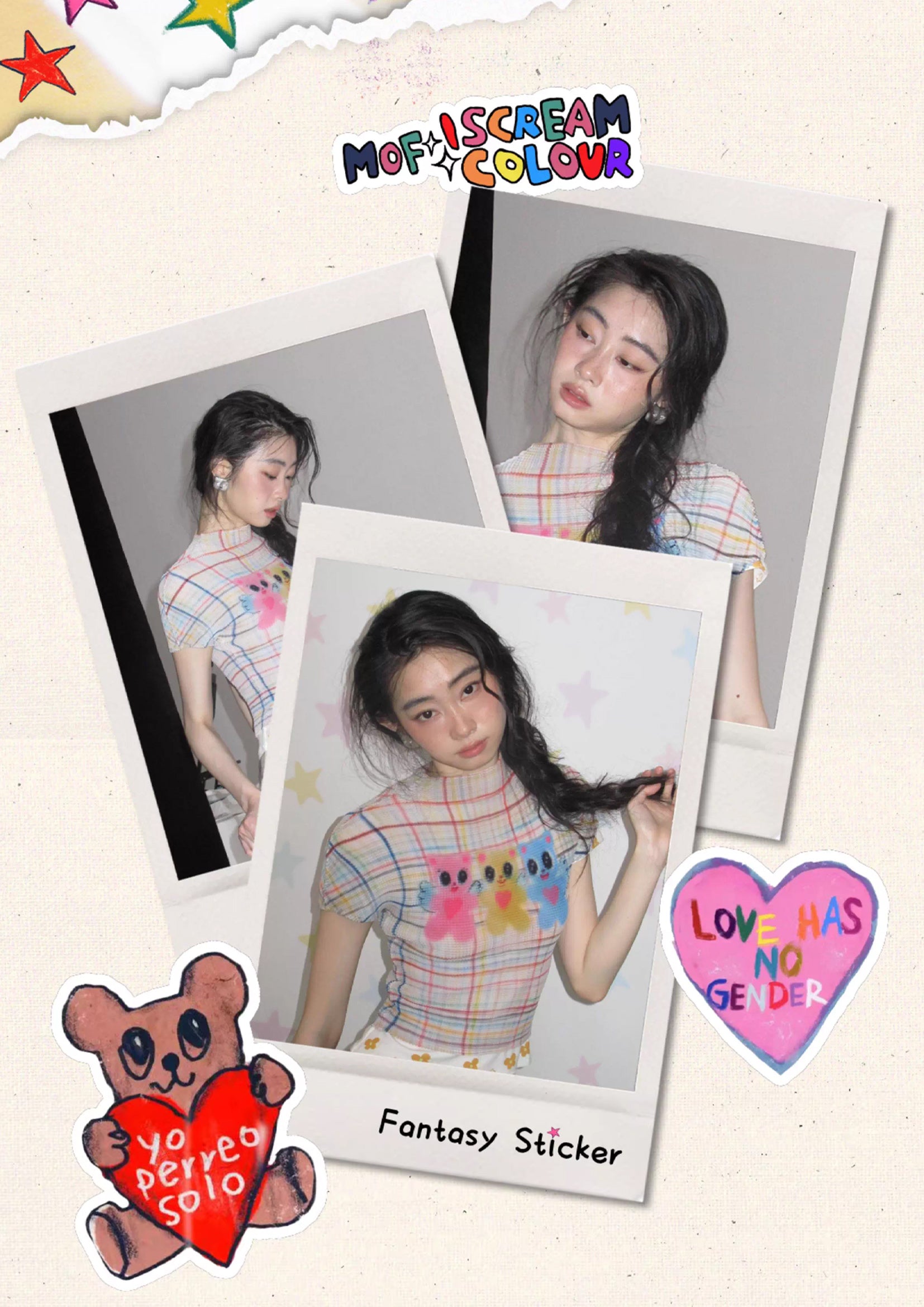 Three bears crinkle stretch crop tee - beige plaid