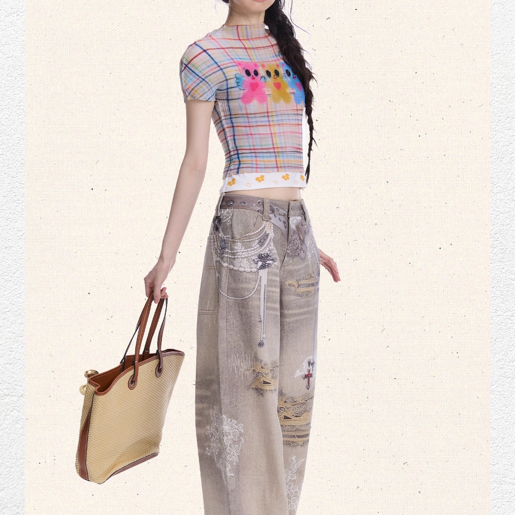 Three bears crinkle stretch crop tee - beige plaid