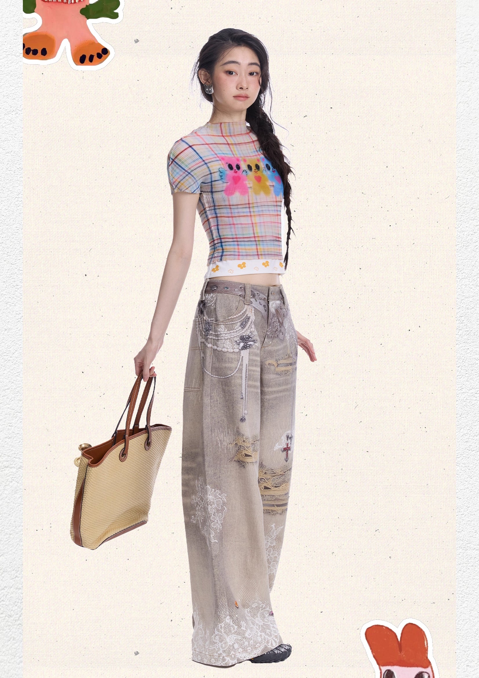 Three bears crinkle stretch crop tee - beige plaid