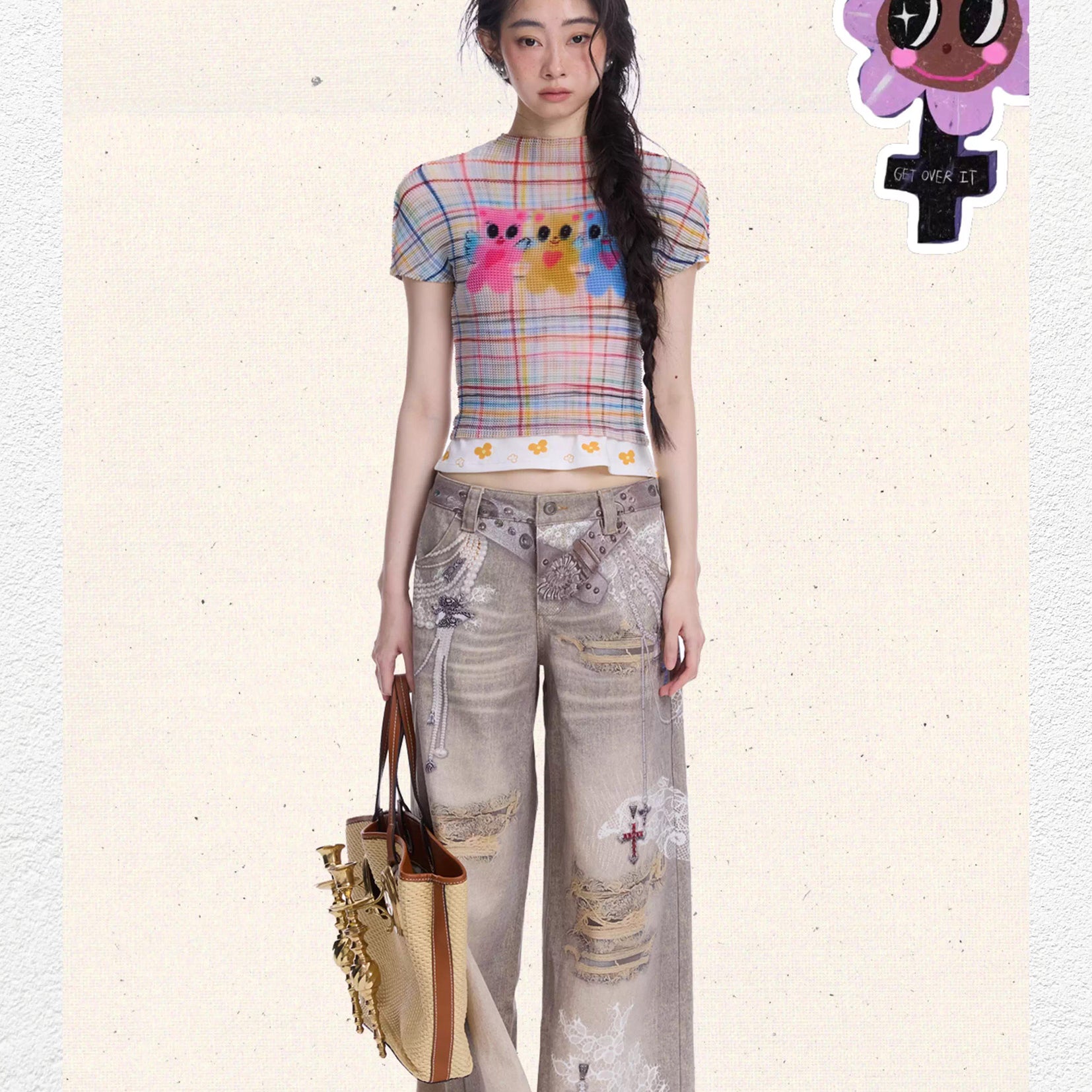 Three bears crinkle stretch crop tee - beige plaid