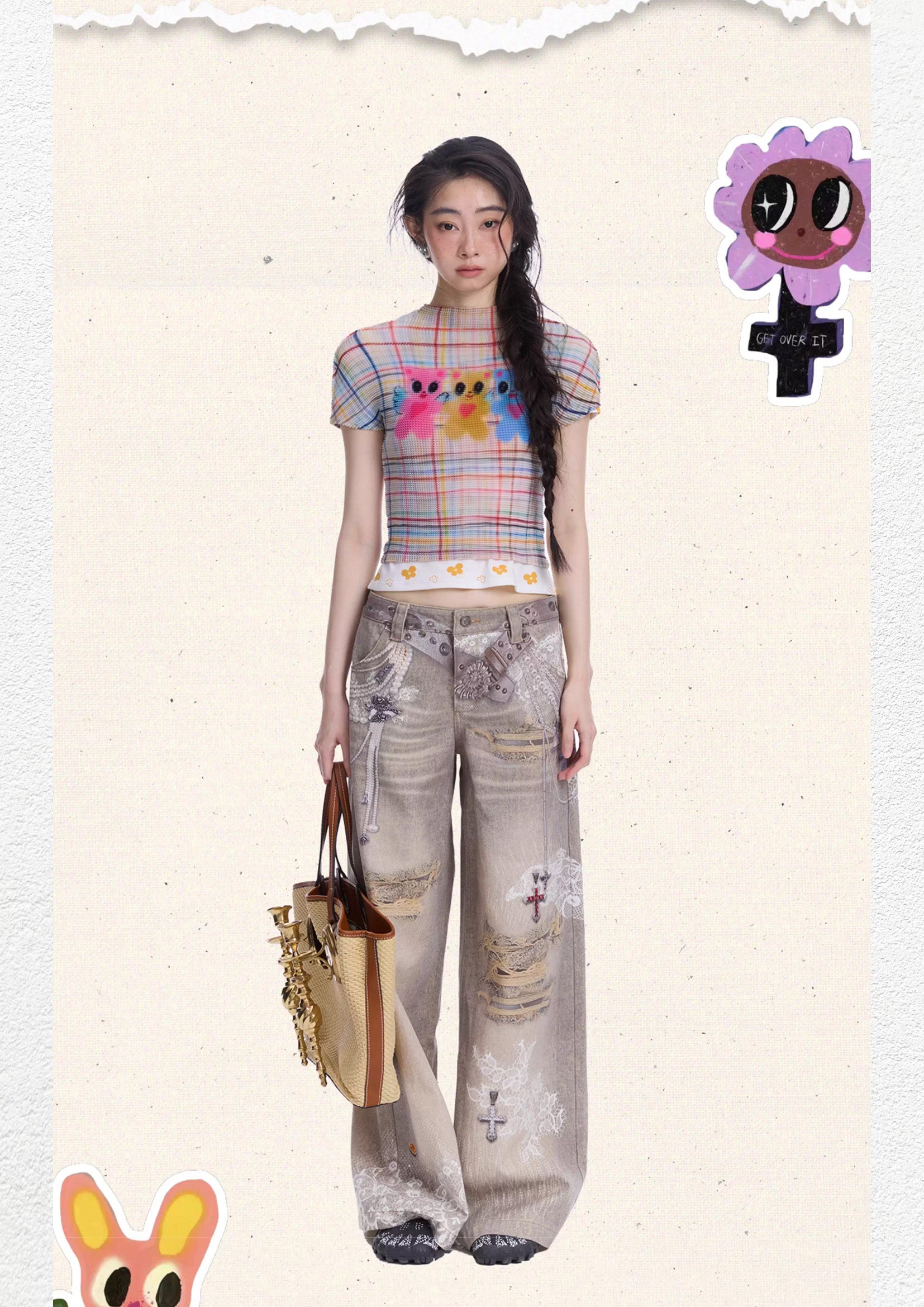 Three bears crinkle stretch crop tee - beige plaid