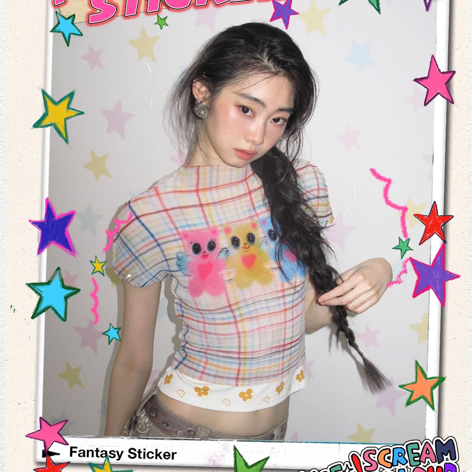 Three bears crinkle stretch crop tee - beige plaid