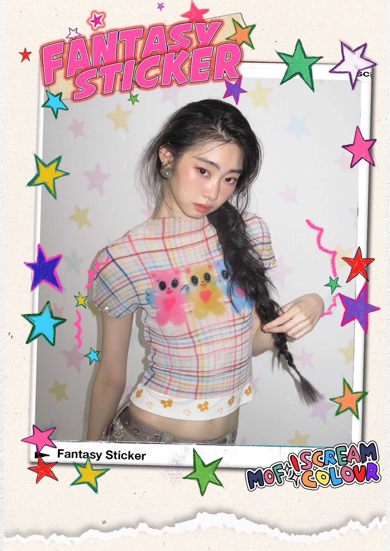 Three bears crinkle stretch crop tee - beige plaid