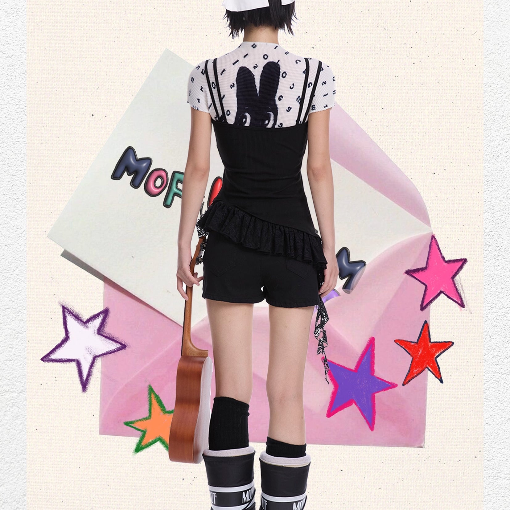 Black bunny crinkle stretch crop tee - white