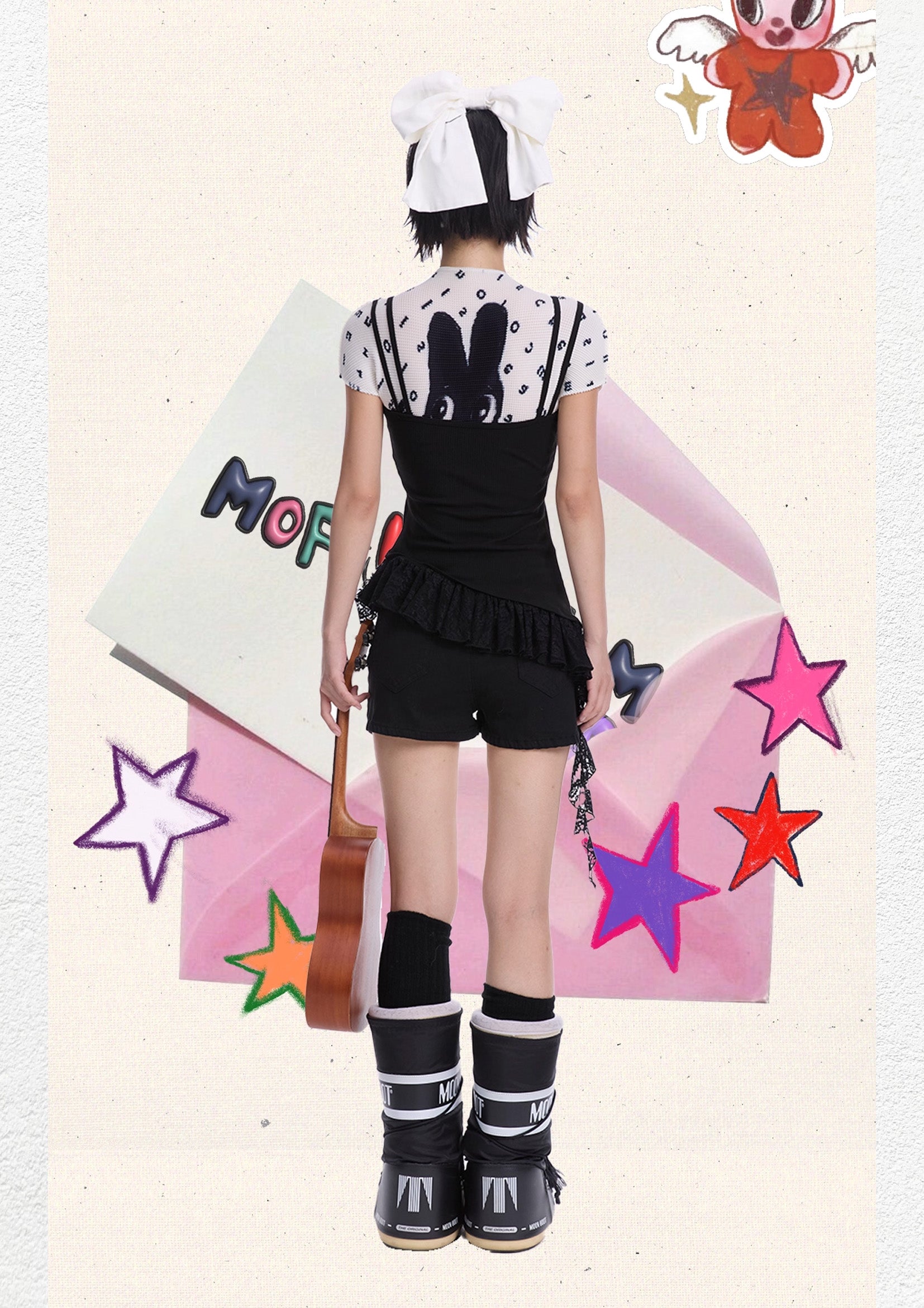 Black bunny crinkle stretch crop tee - white