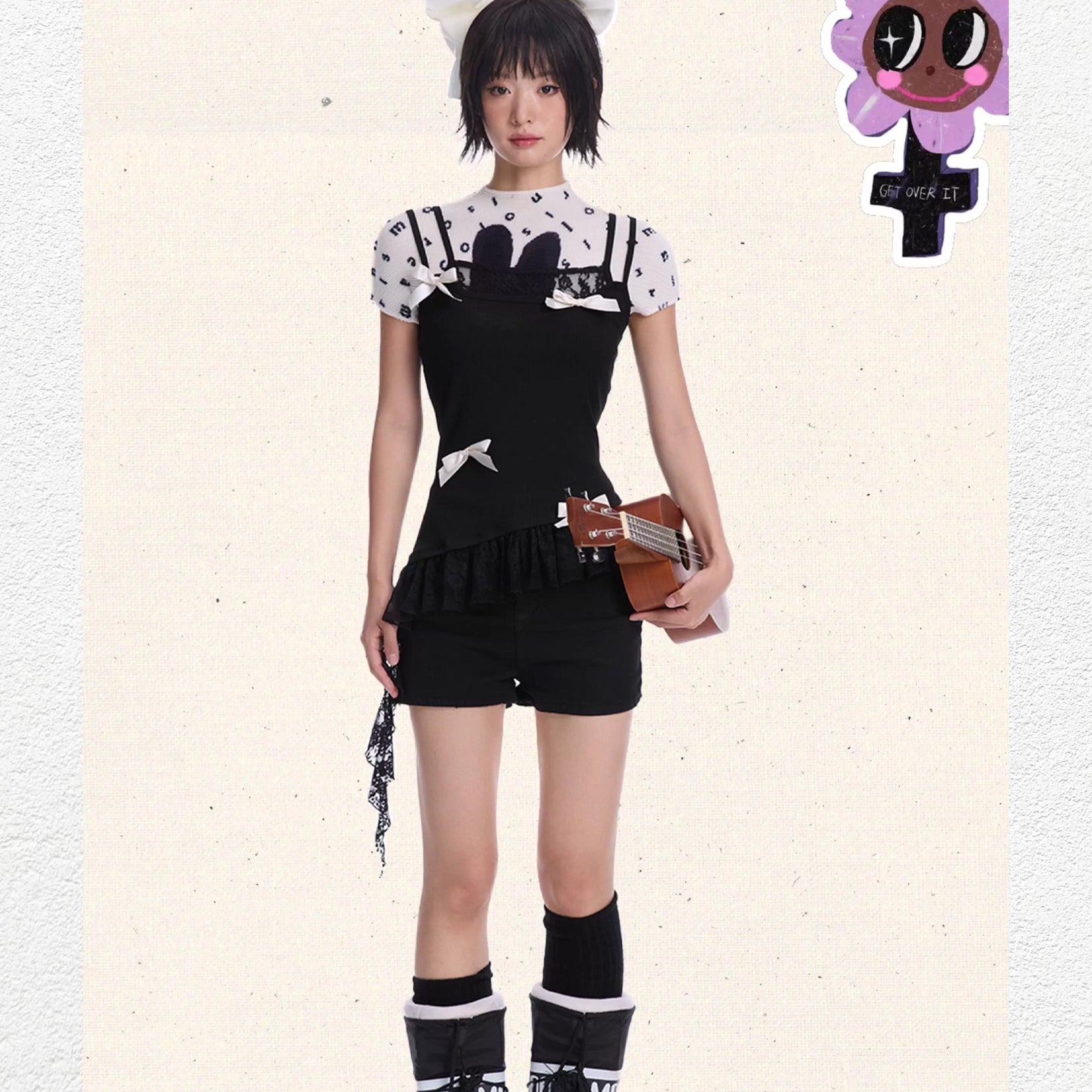 Black bunny crinkle stretch crop tee - white