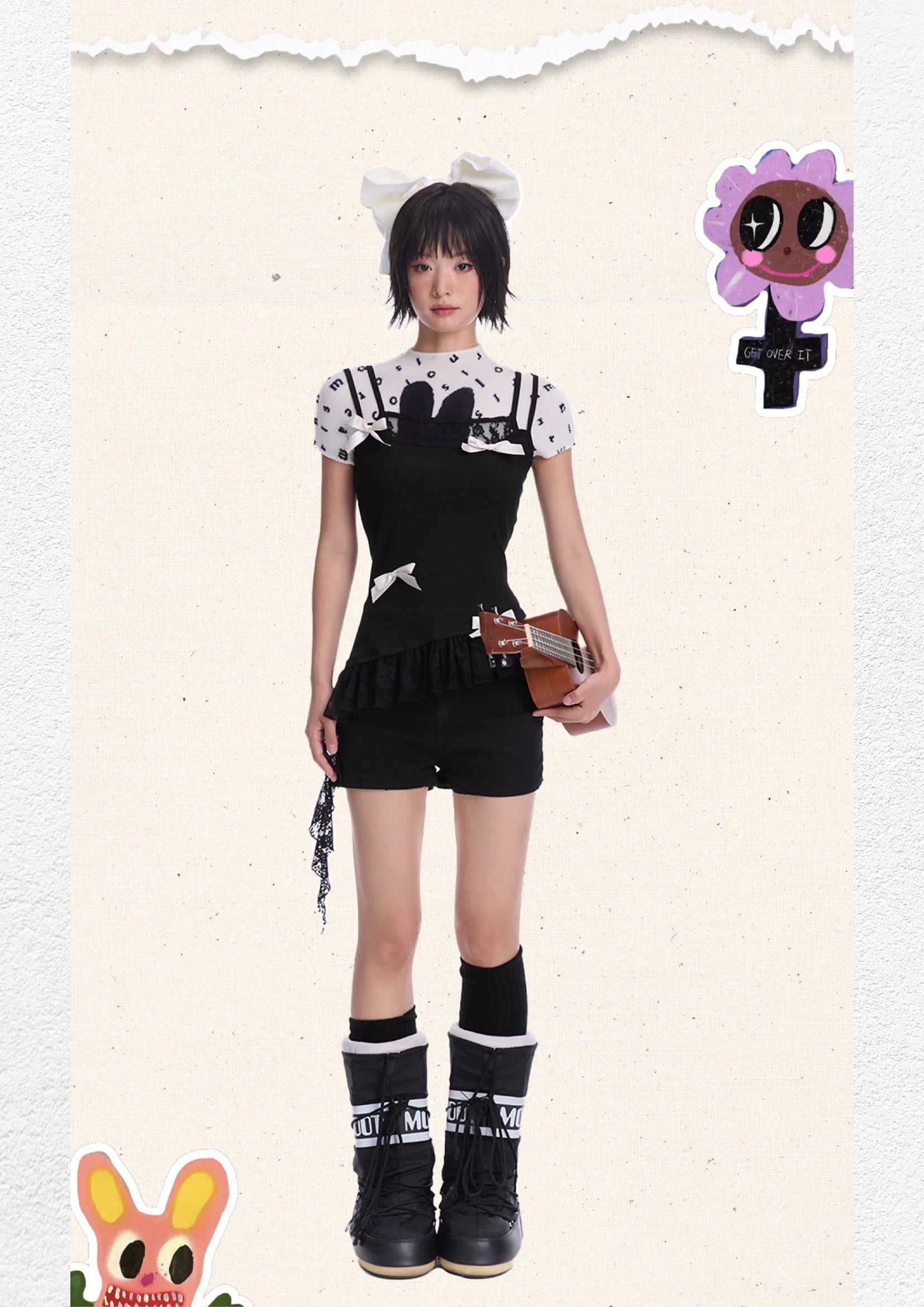 Black bunny crinkle stretch crop tee - white