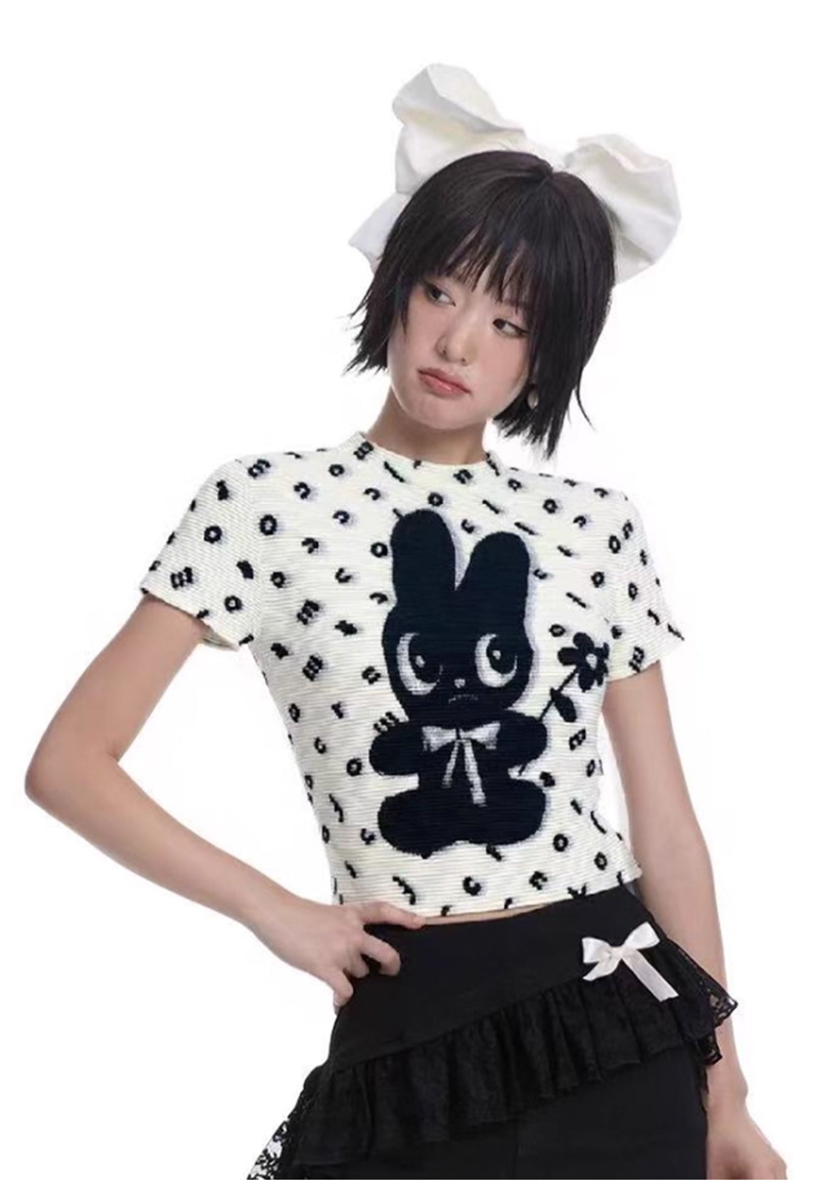 Black bunny crinkle stretch crop tee - off-white