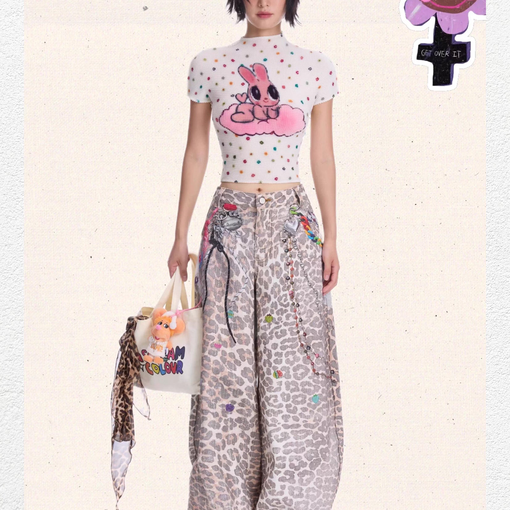 Pink bunny polka dots crinkle stretch crop tee - white