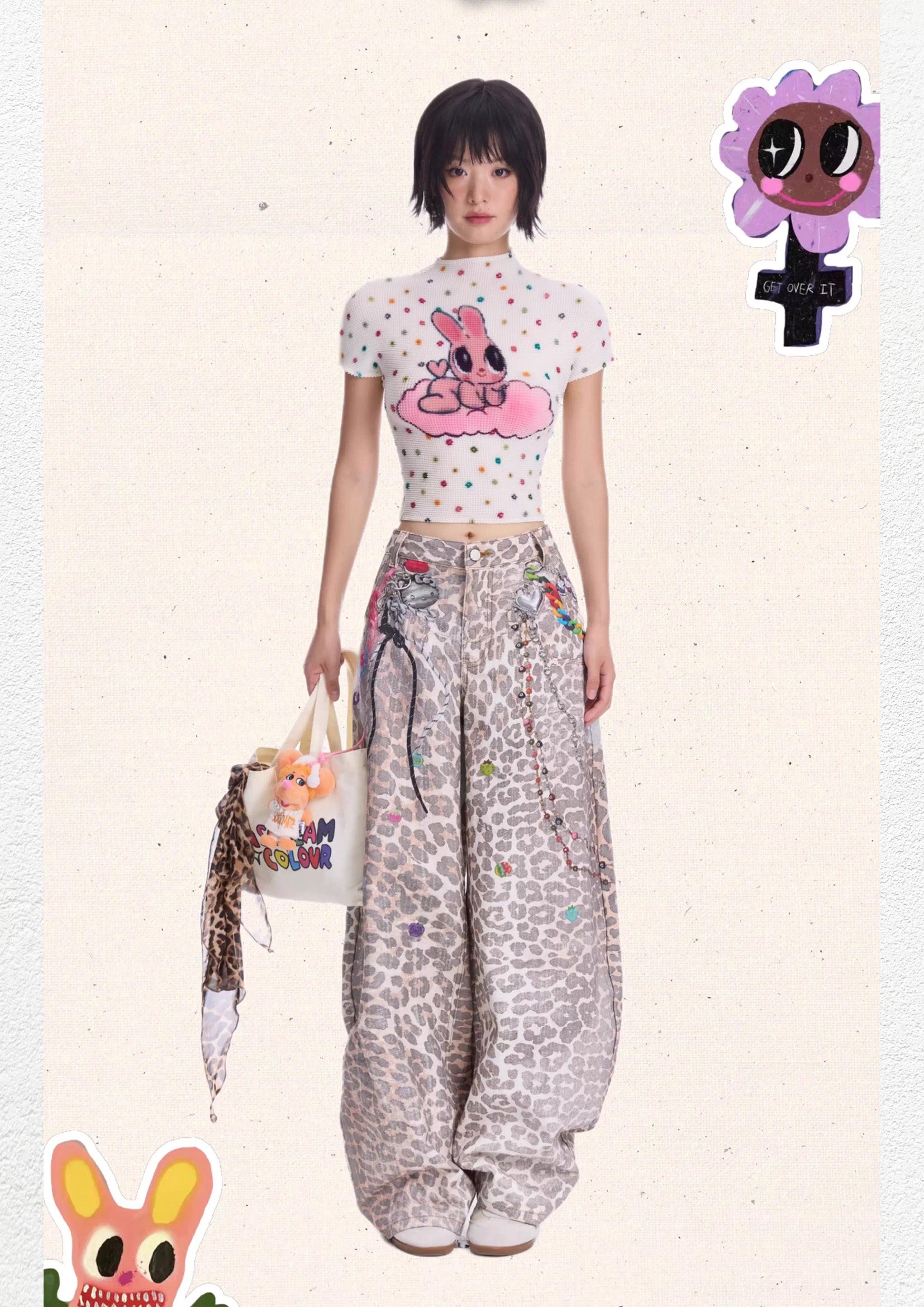 Pink bunny polka dots crinkle stretch crop tee - white