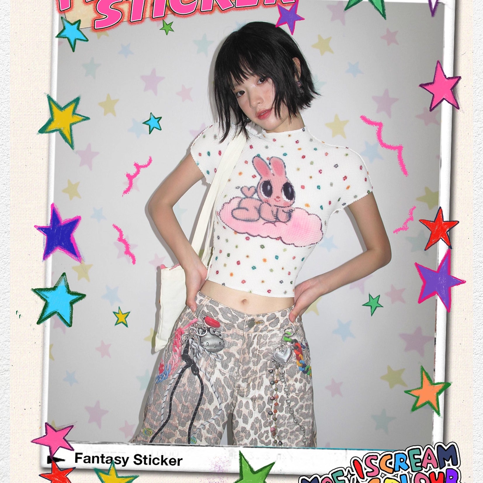 Pink bunny polka dots crinkle stretch crop tee - white