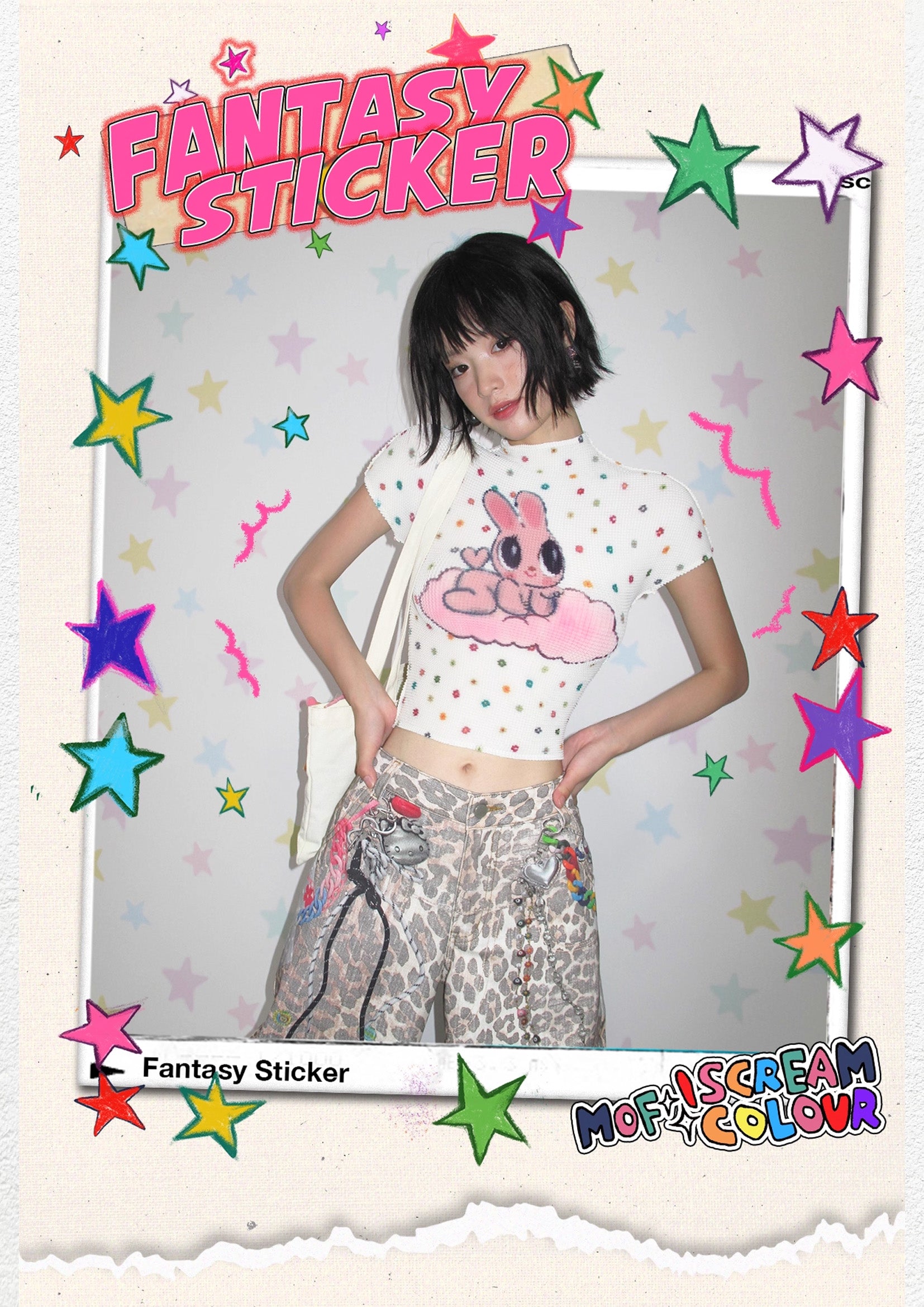 Pink bunny polka dots crinkle stretch crop tee - white