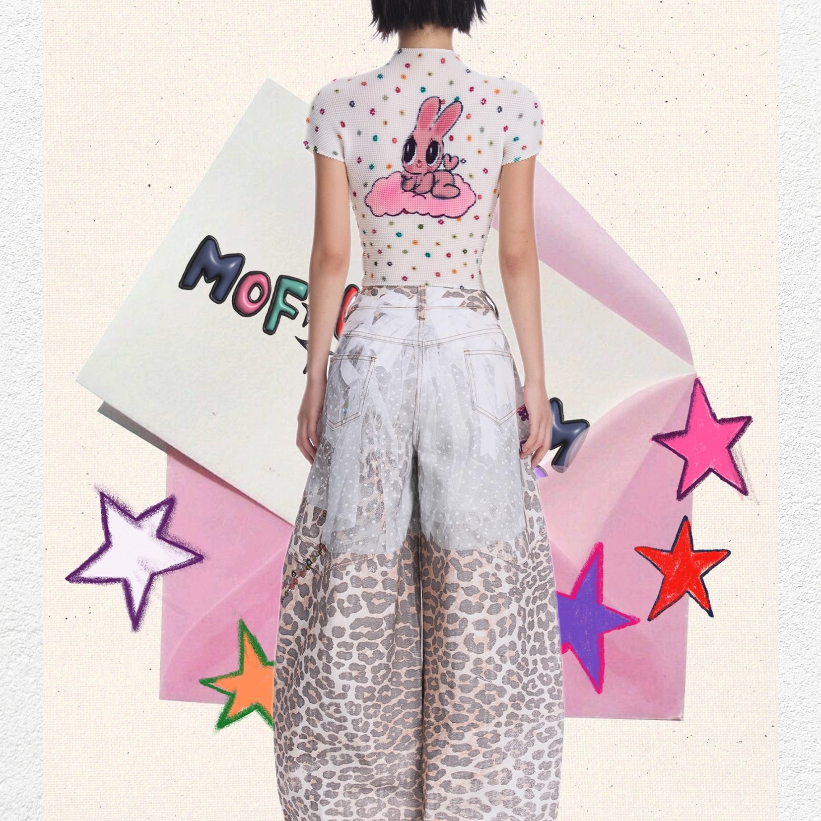 Pink bunny polka dots crinkle stretch crop tee - white