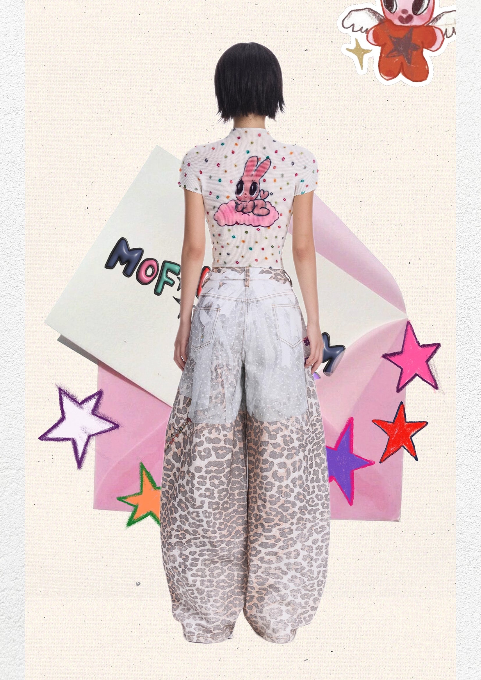 Pink bunny polka dots crinkle stretch crop tee - white