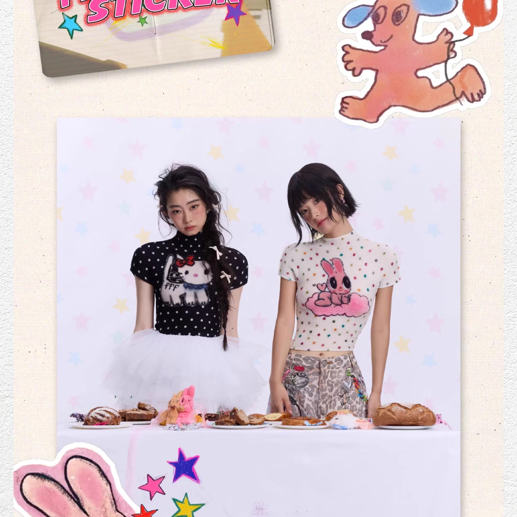 Pink bunny polka dots crinkle stretch crop tee - white