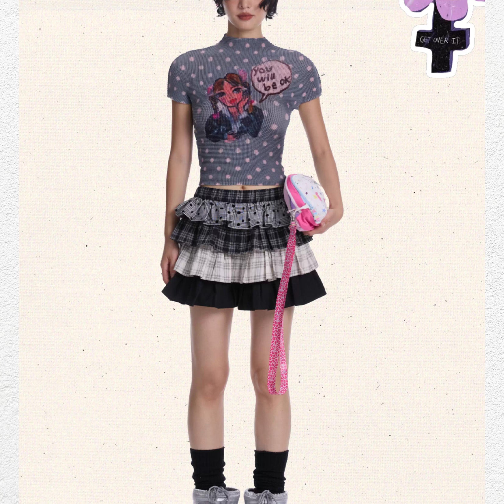 Britney polka dots crinkle stretch crop tee - grey