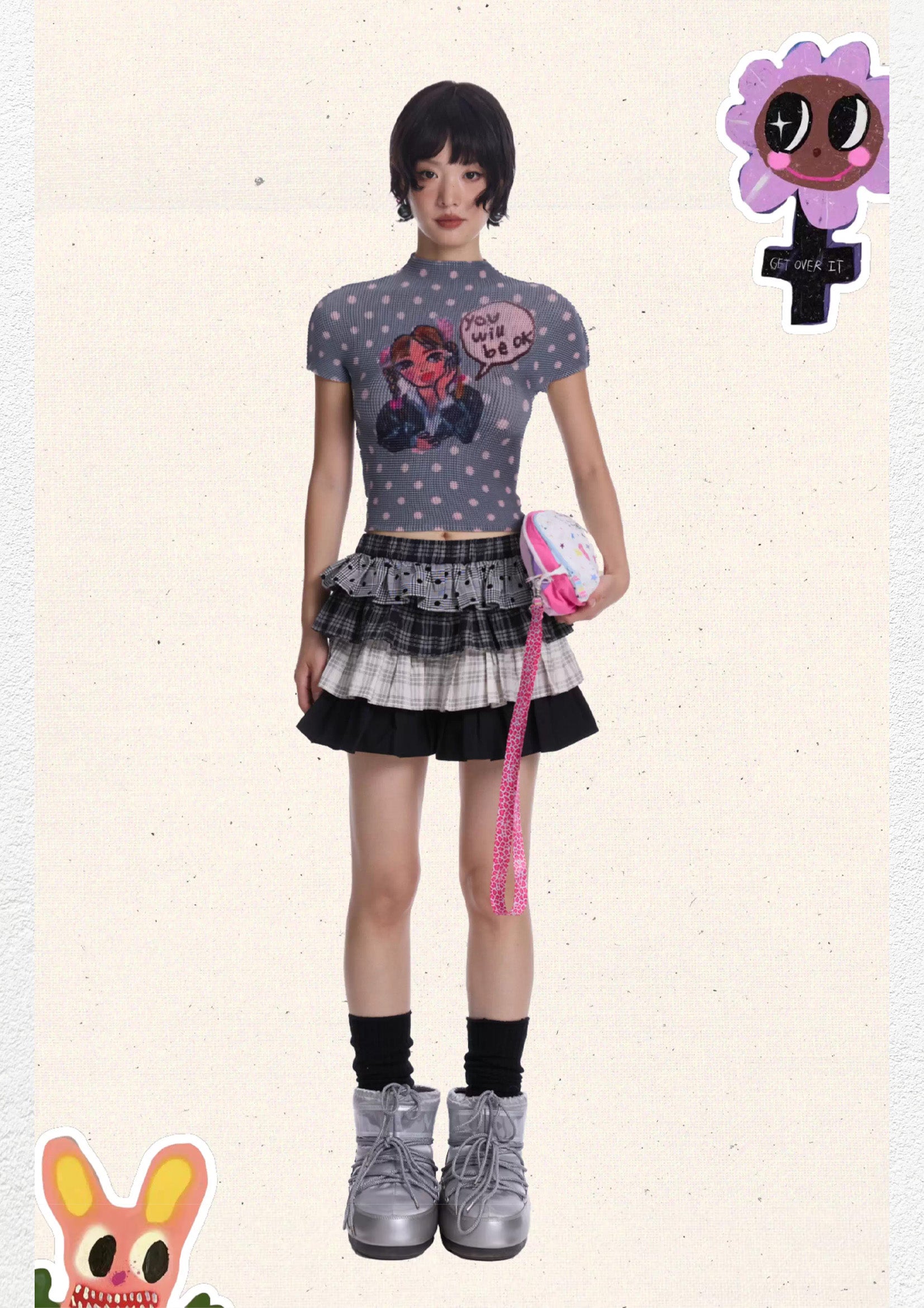 Britney polka dots crinkle stretch crop tee - grey