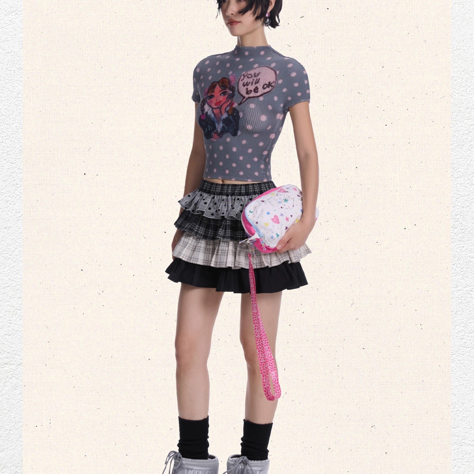 Britney polka dots crinkle stretch crop tee - grey