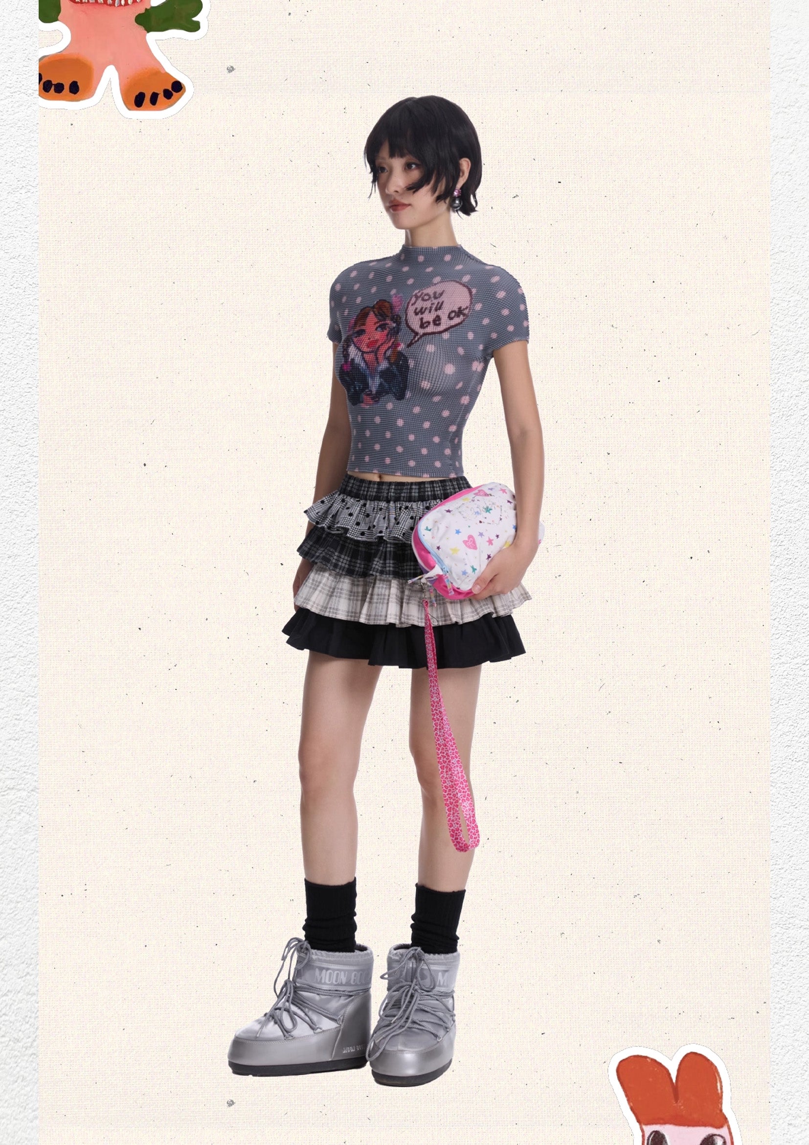 Britney polka dots crinkle stretch crop tee - grey