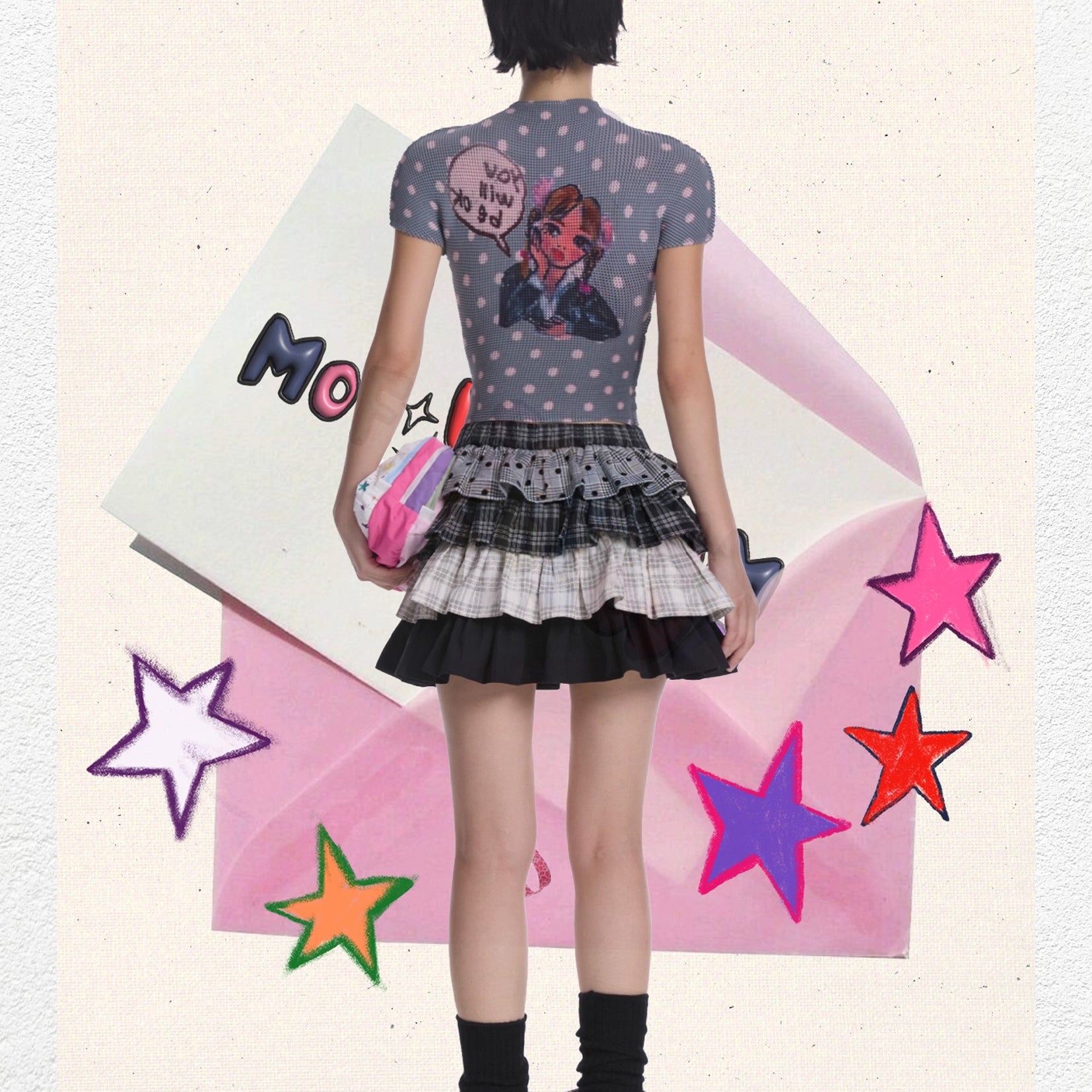 Britney polka dots crinkle stretch crop tee - grey