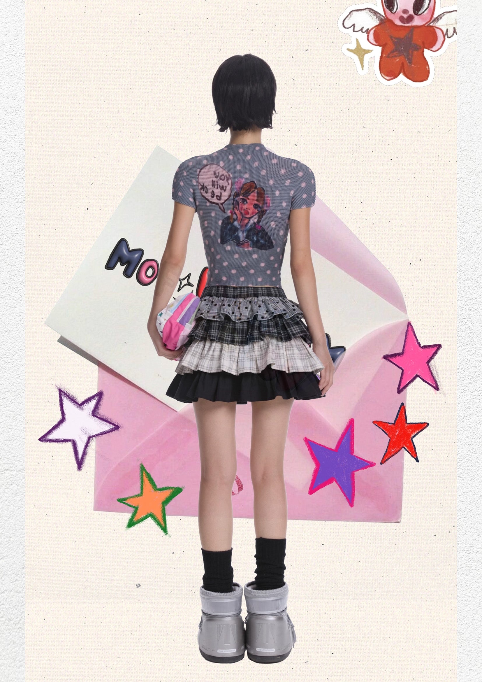 Britney polka dots crinkle stretch crop tee - grey