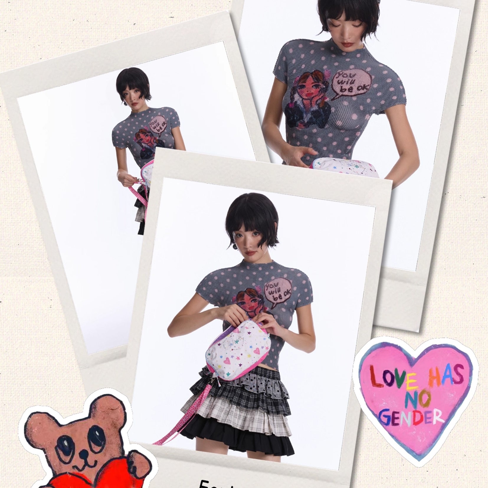 Britney polka dots crinkle stretch crop tee - grey