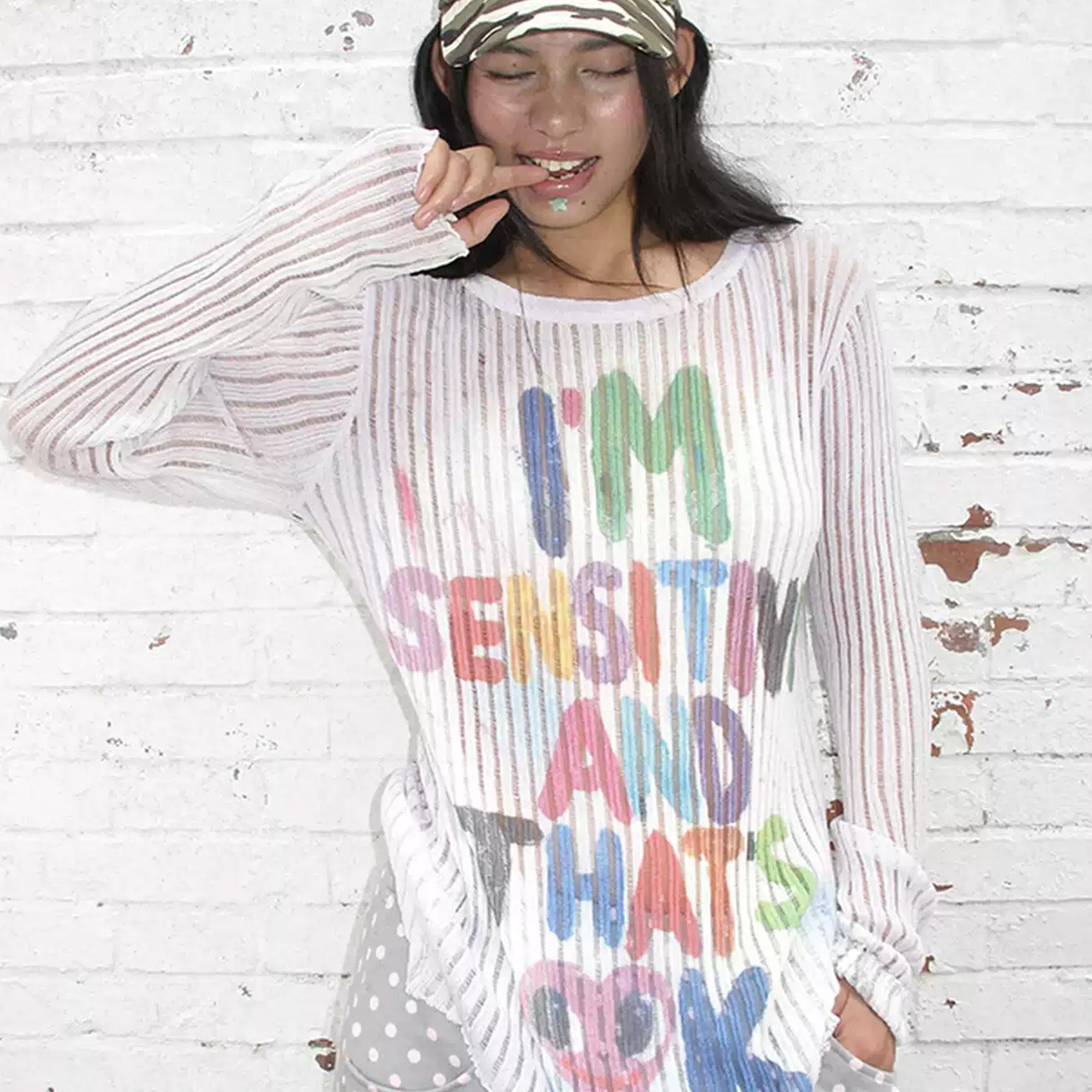 Typography hollow-out knit jumper - white