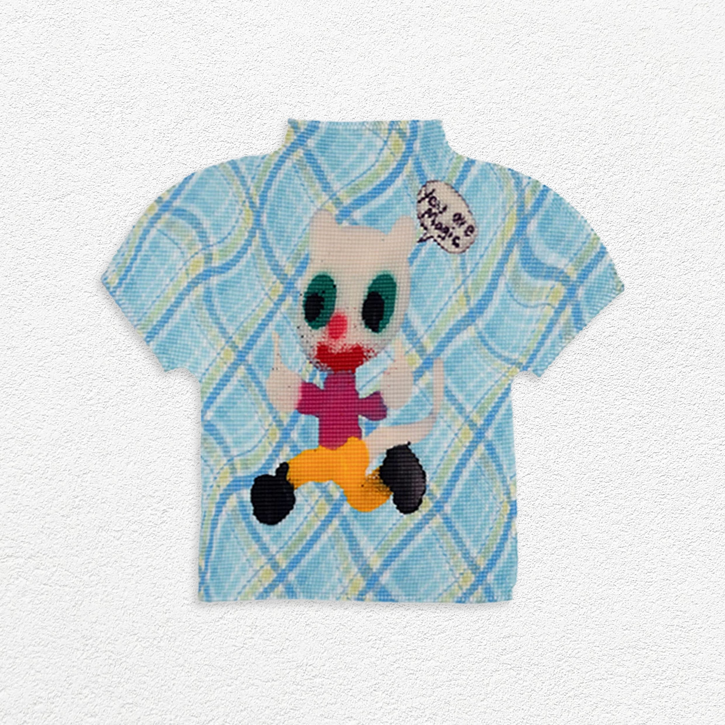 White bear crinkle stretch crop tee - cyan plaid