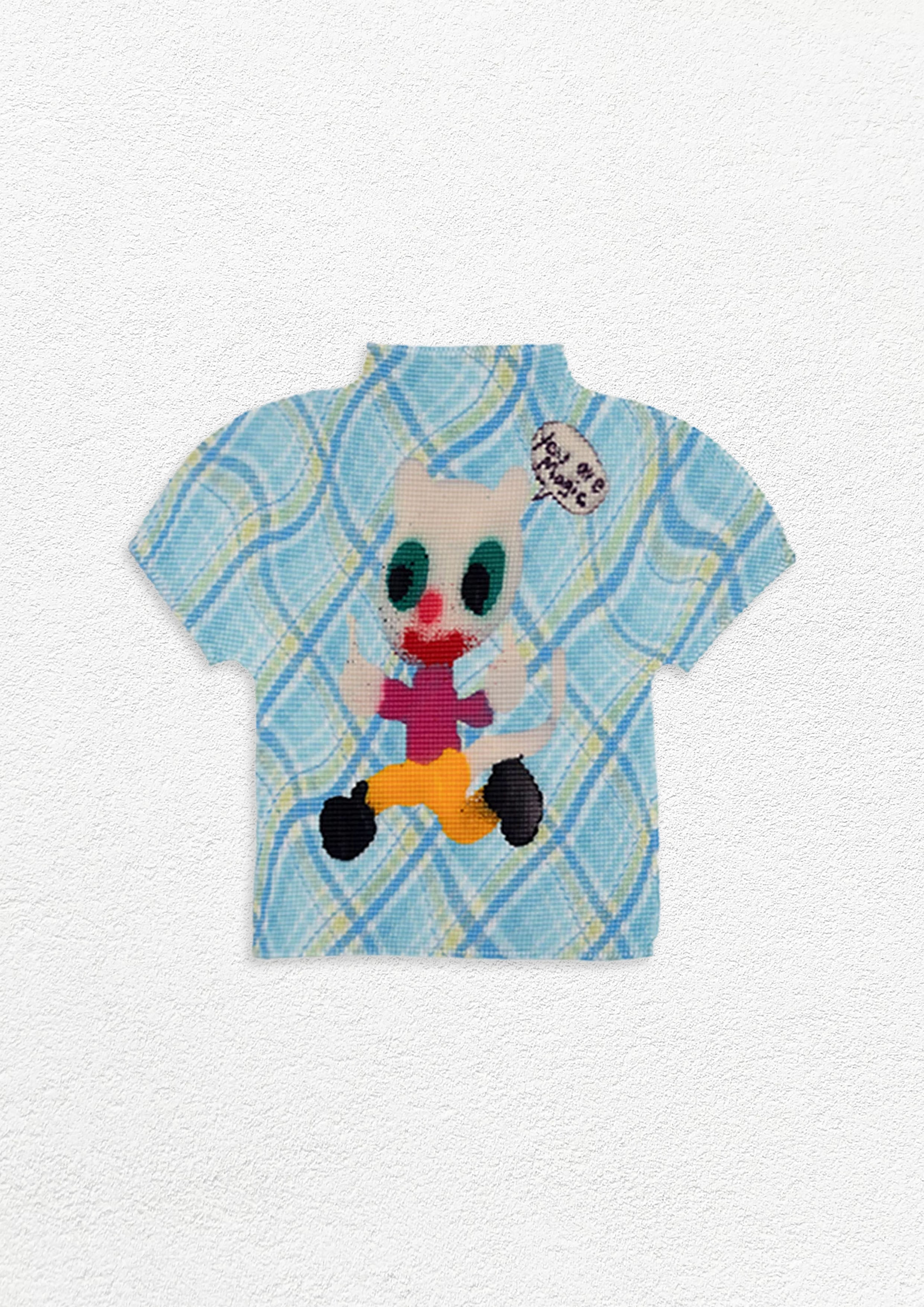 White bear crinkle stretch crop tee - cyan plaid