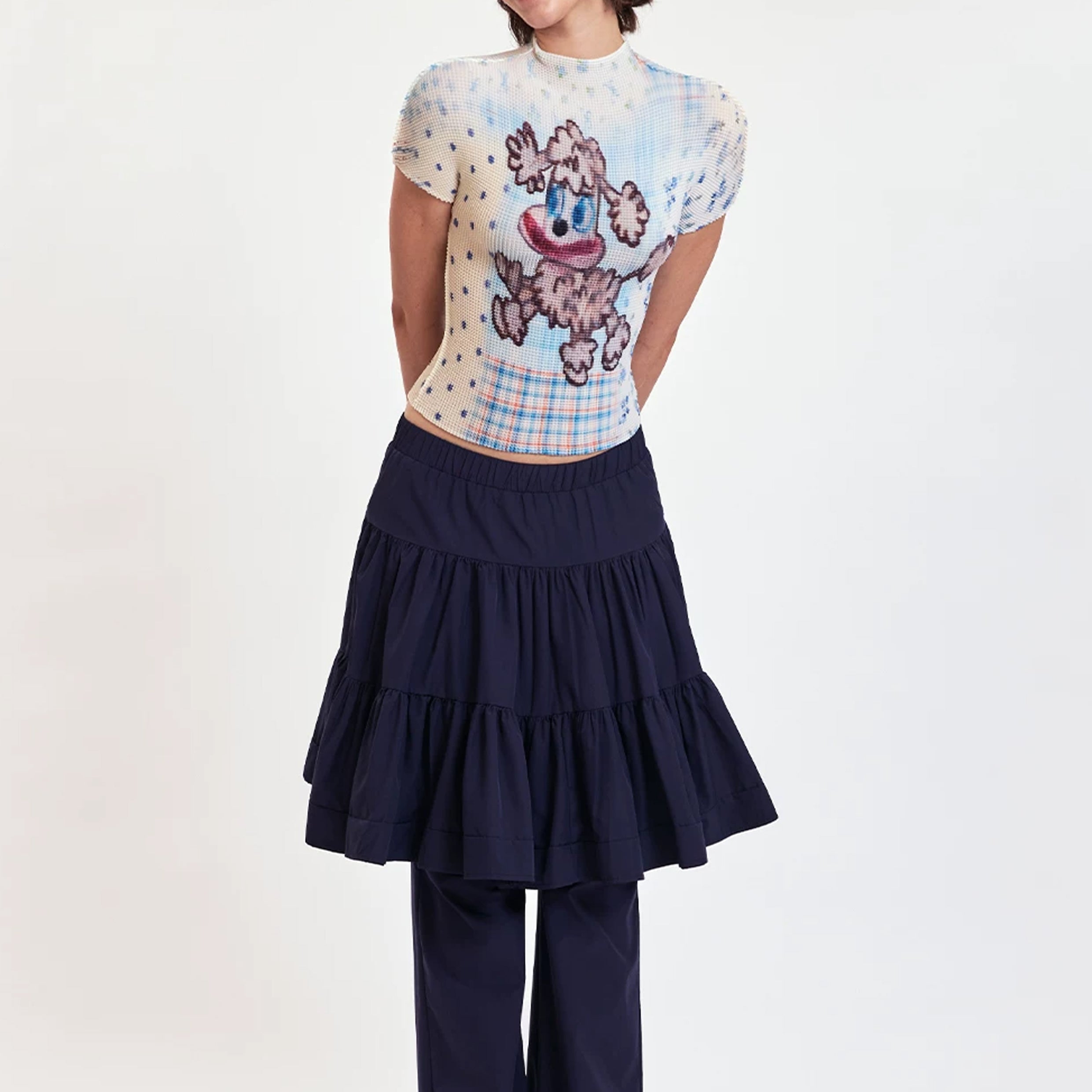 Poodle puppy crinkle stretch crop tee - baby blue