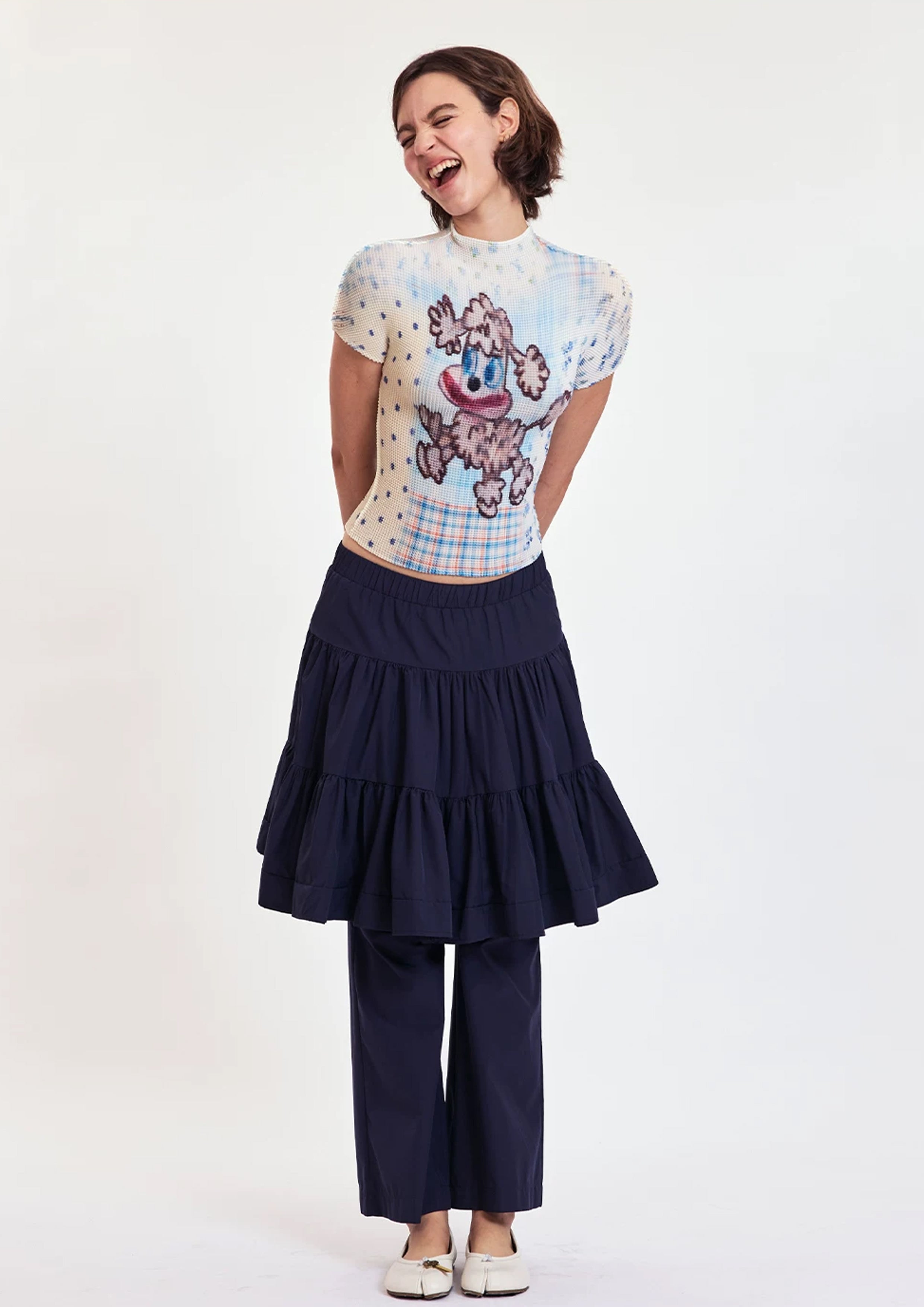 Poodle puppy crinkle stretch crop tee - baby blue