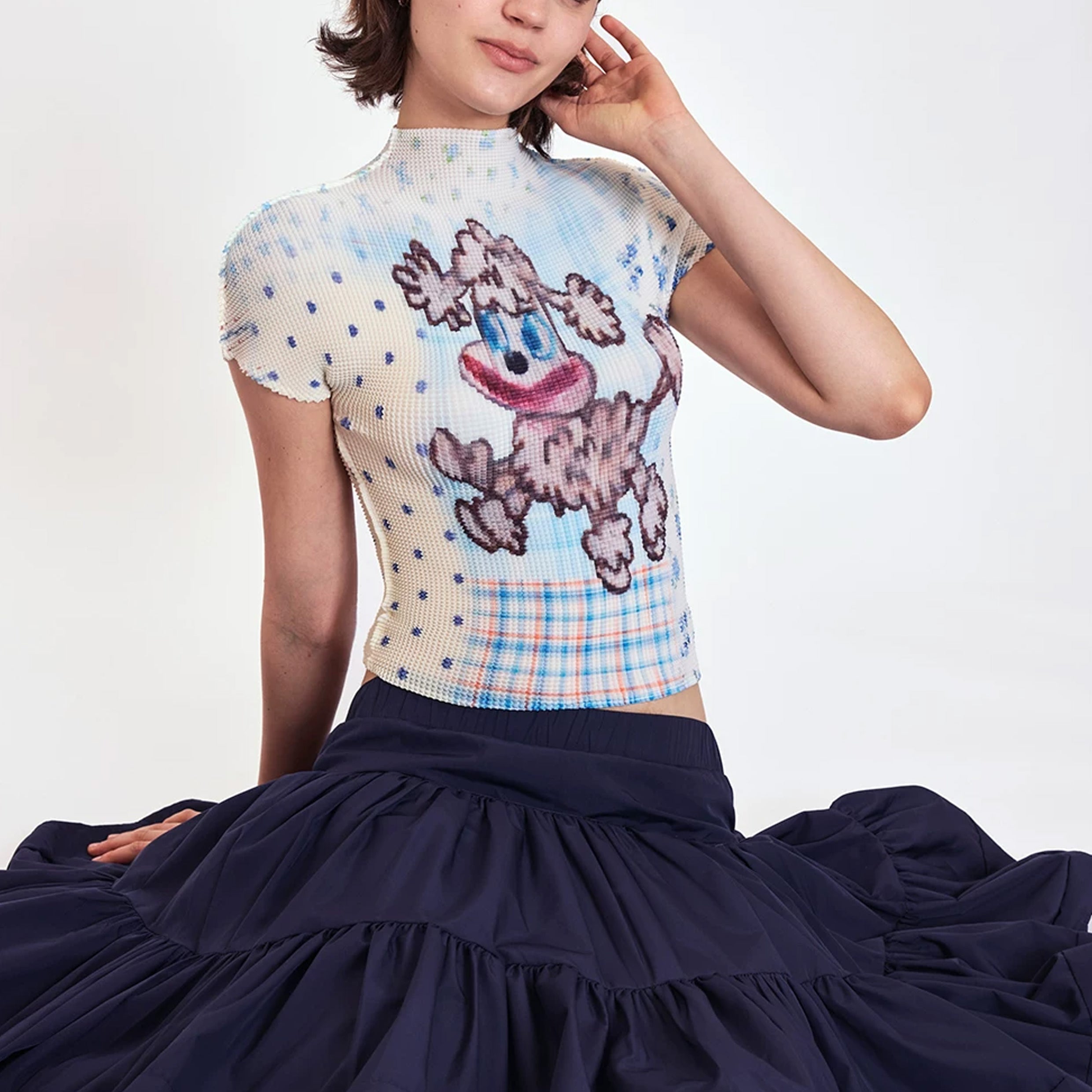 Poodle puppy crinkle stretch crop tee - baby blue