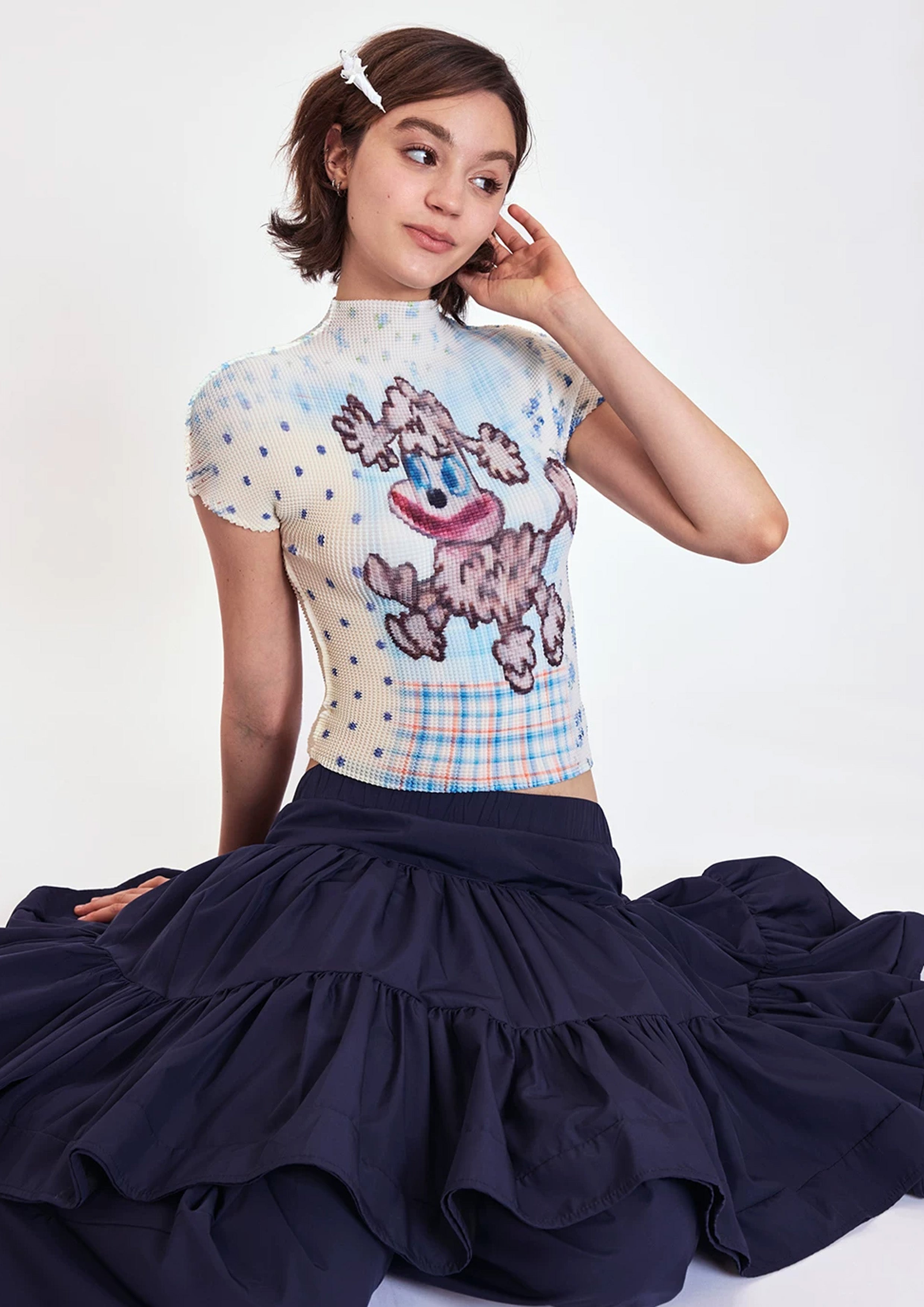 Poodle puppy crinkle stretch crop tee - baby blue