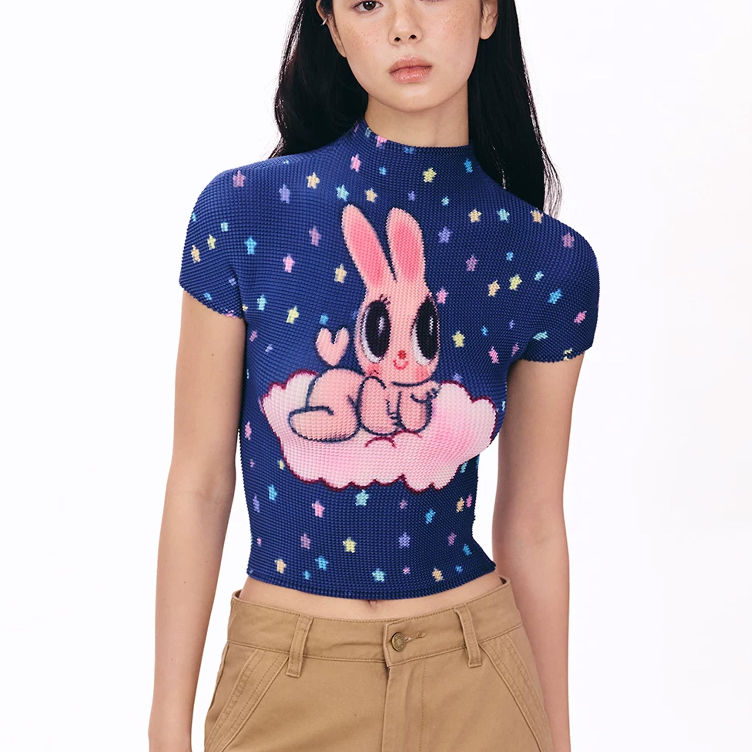 Pink bunny crinkle stretch crop tee - navy