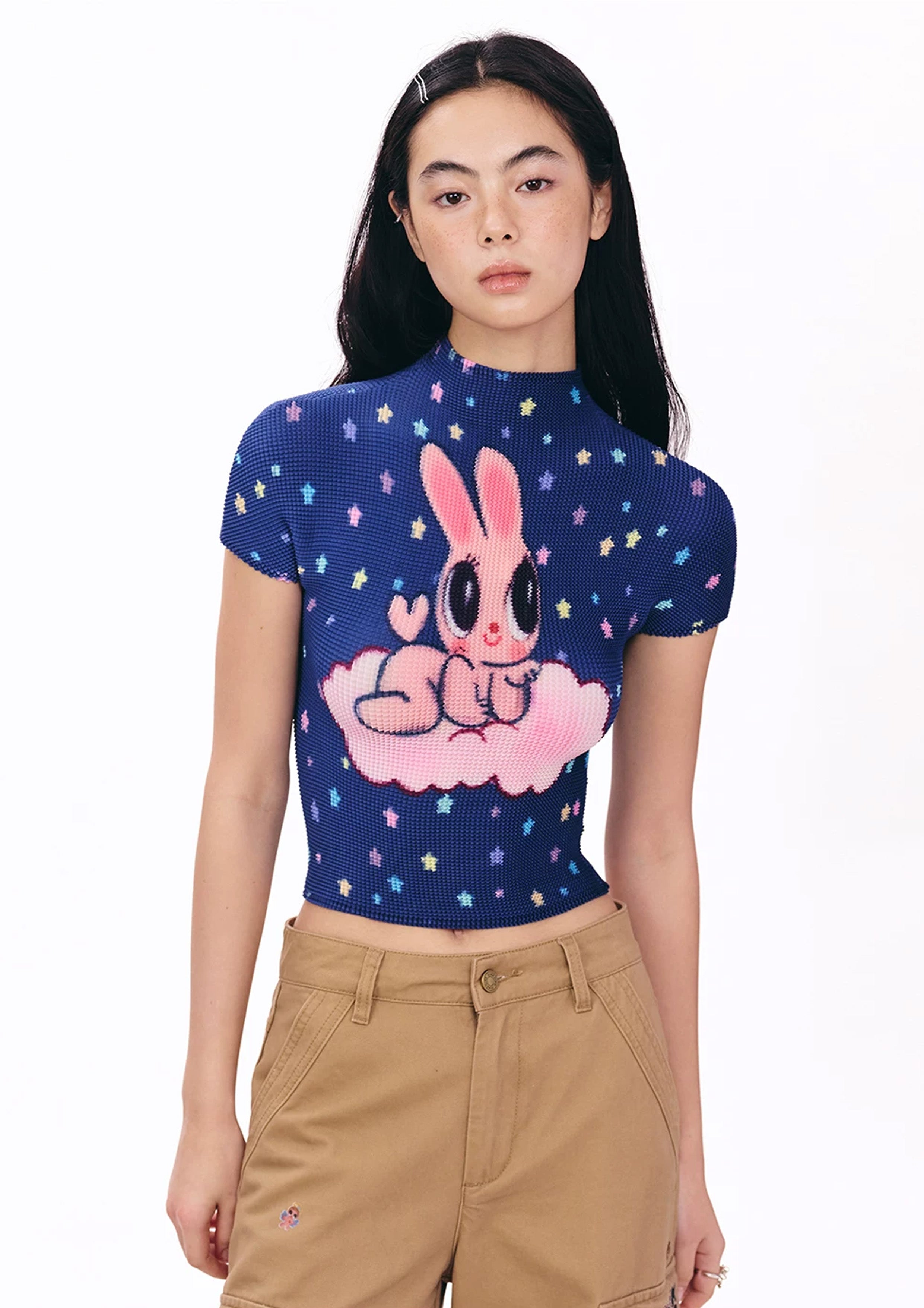 Pink bunny crinkle stretch crop tee - navy