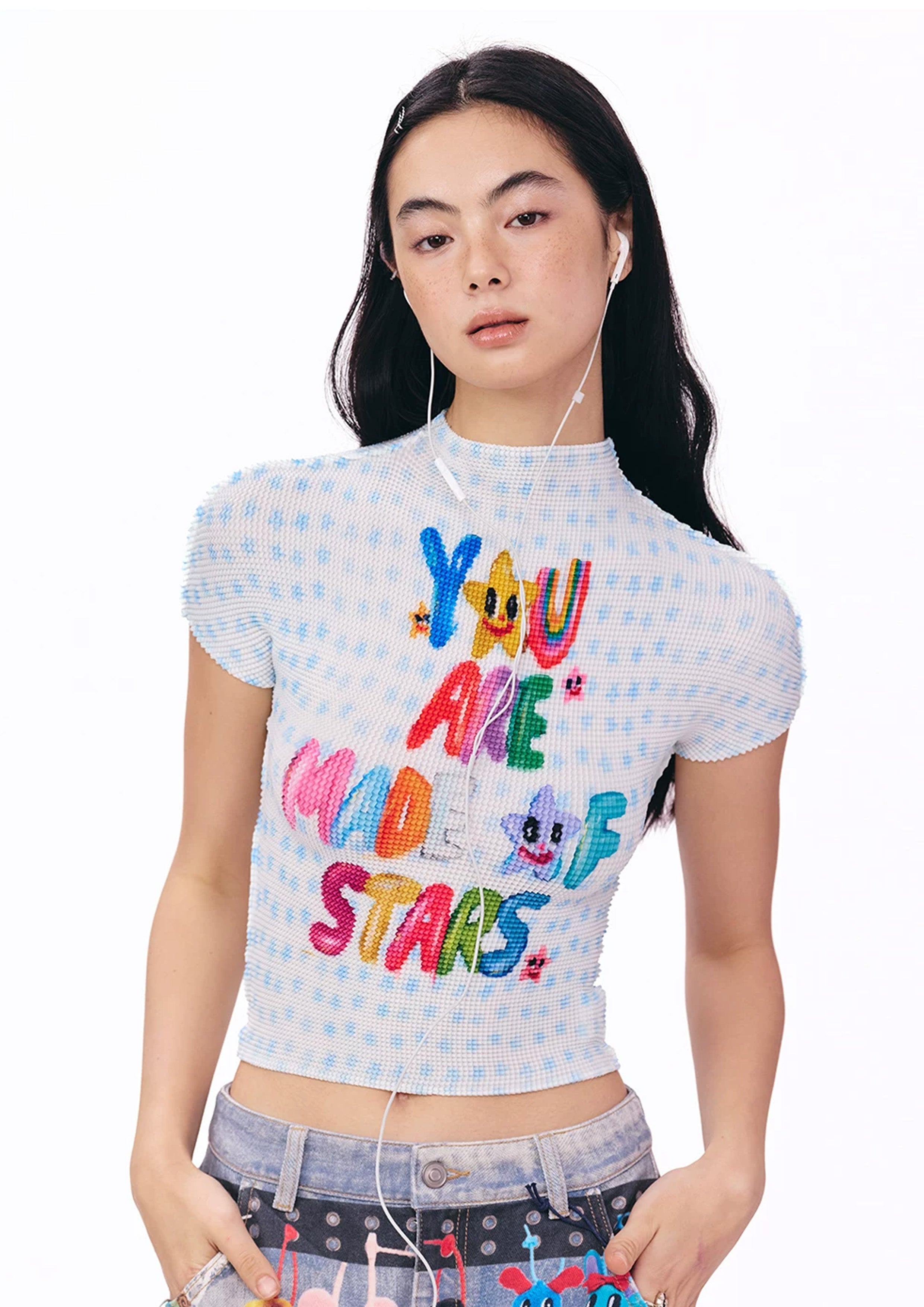 Typography crinkle stretch crop tee - white