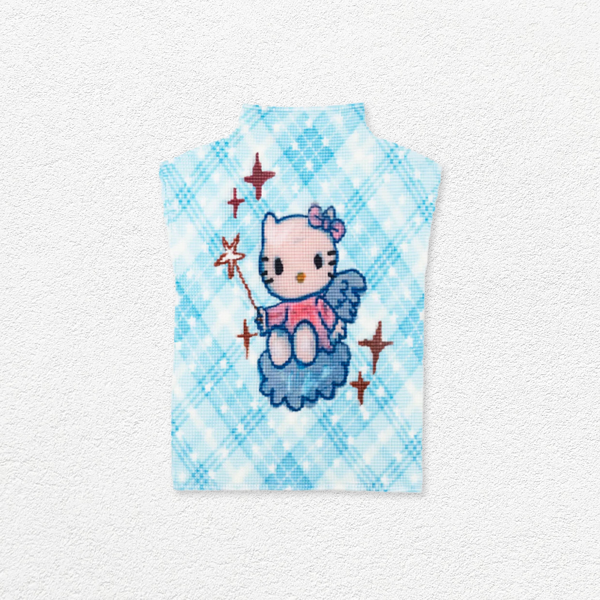 Kitty crinkle stretch crop tank - cyan plaid