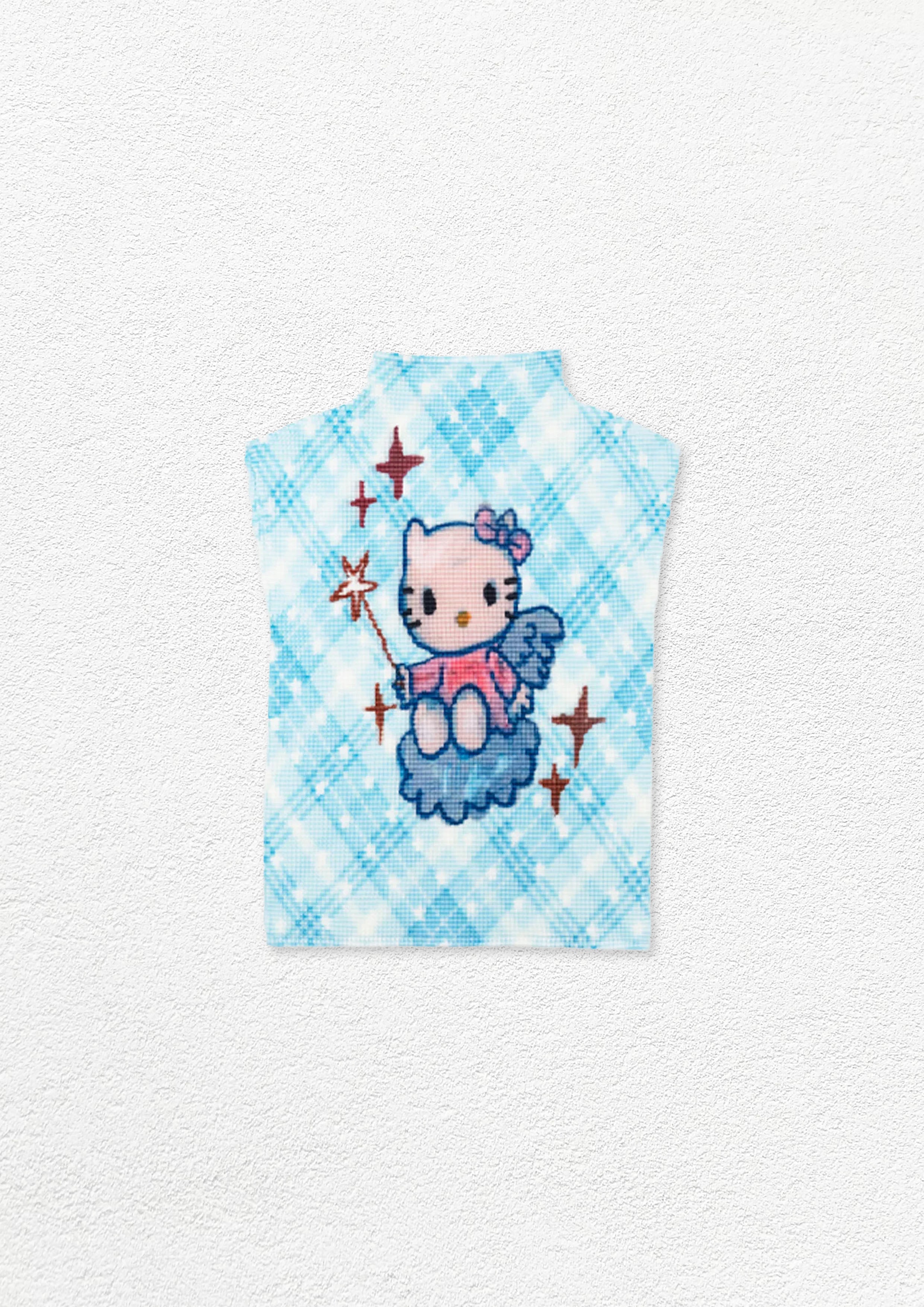 Kitty crinkle stretch crop tank - cyan plaid