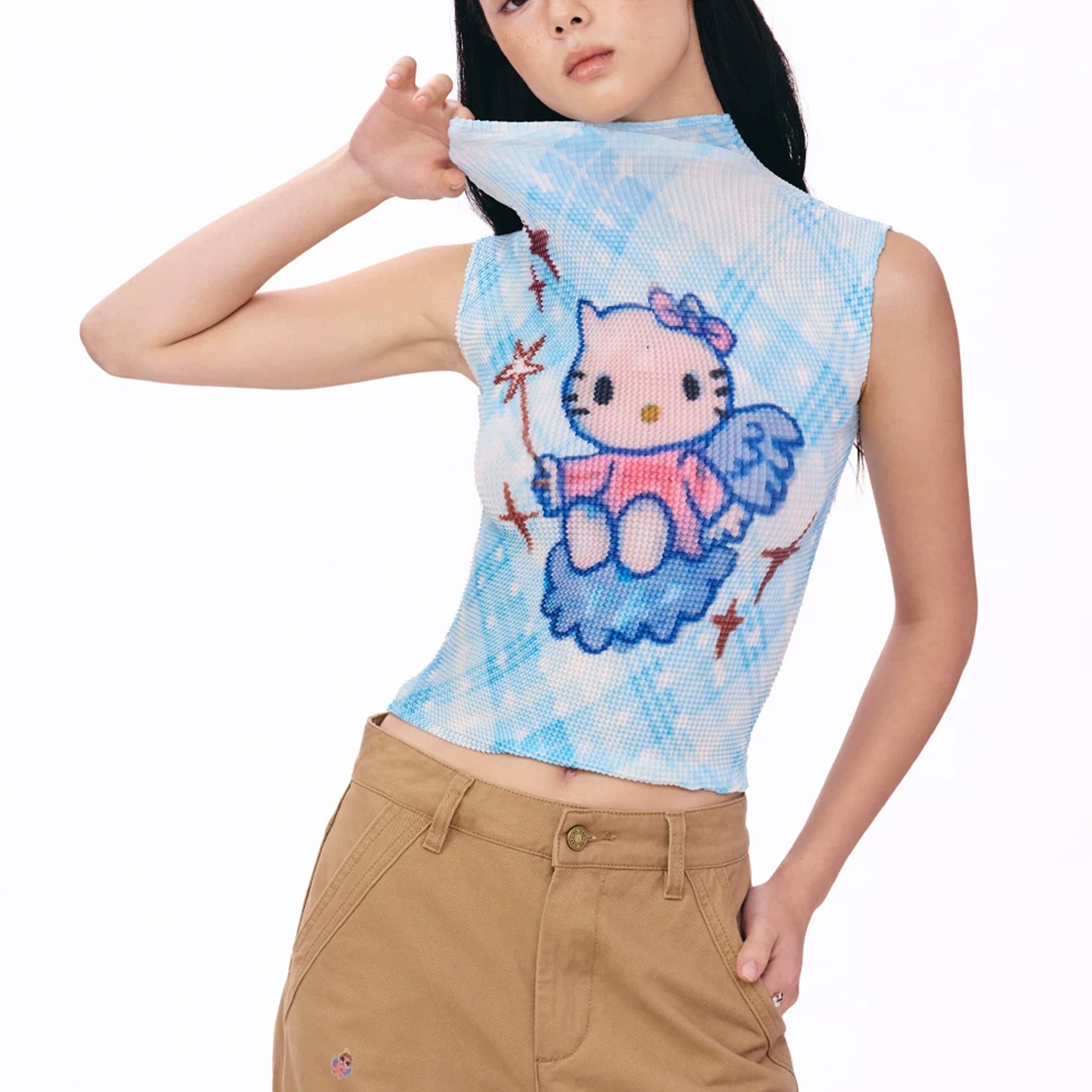 Kitty crinkle stretch crop tank - cyan plaid