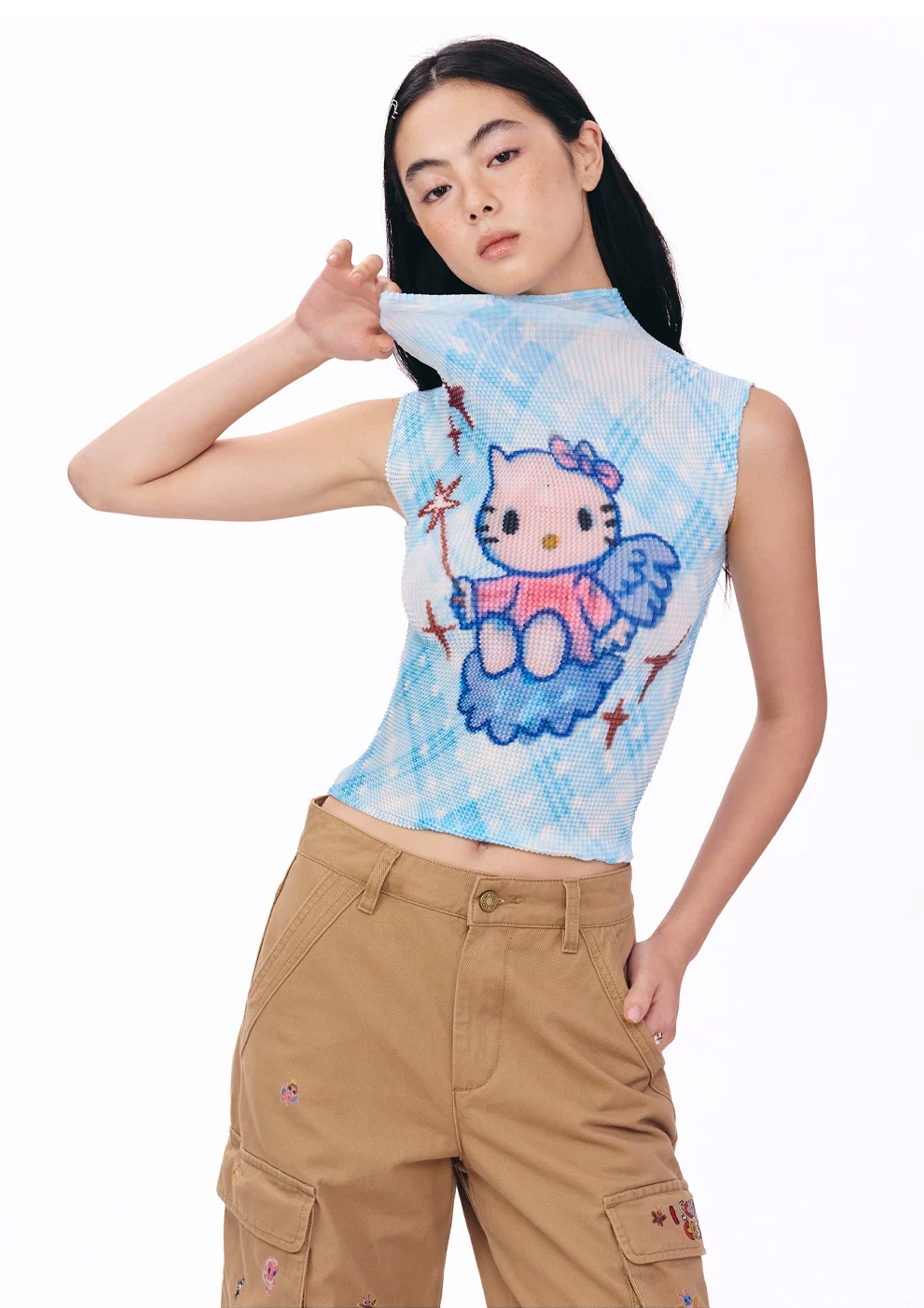 Kitty crinkle stretch crop tank - cyan plaid